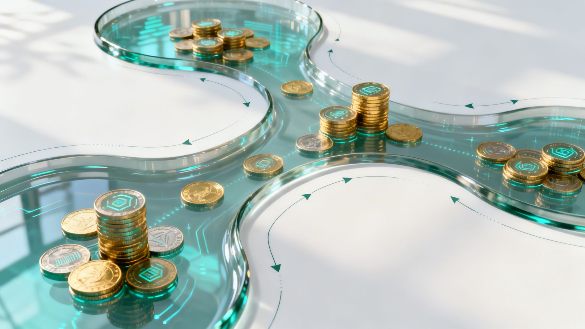 Digital currency coins with glowing symbols flowing through clear, circuit-like pathways, illustrating data exchange.