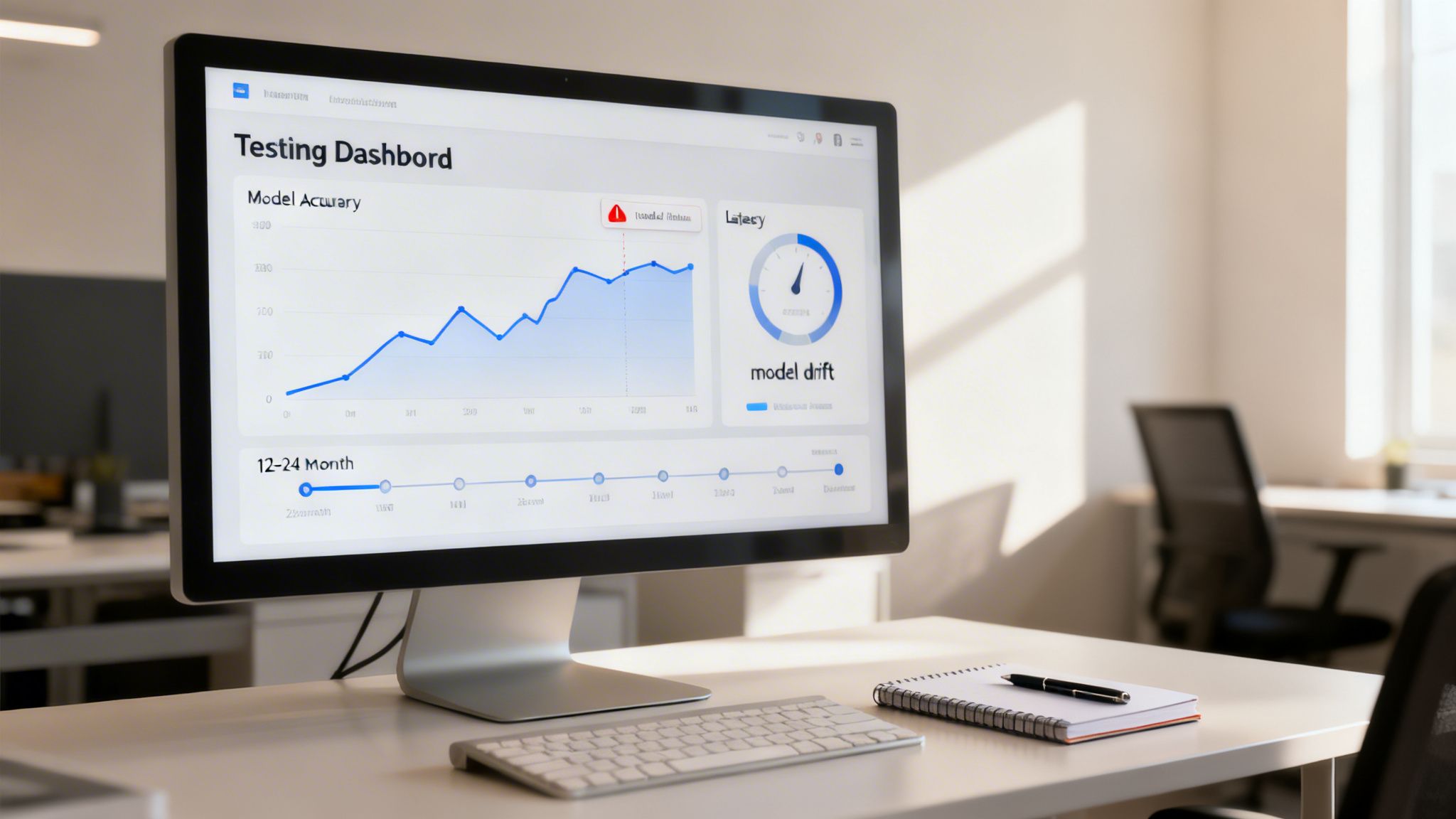 A computer screen displays an AI testing dashboard with model accuracy and drift data in an office.
