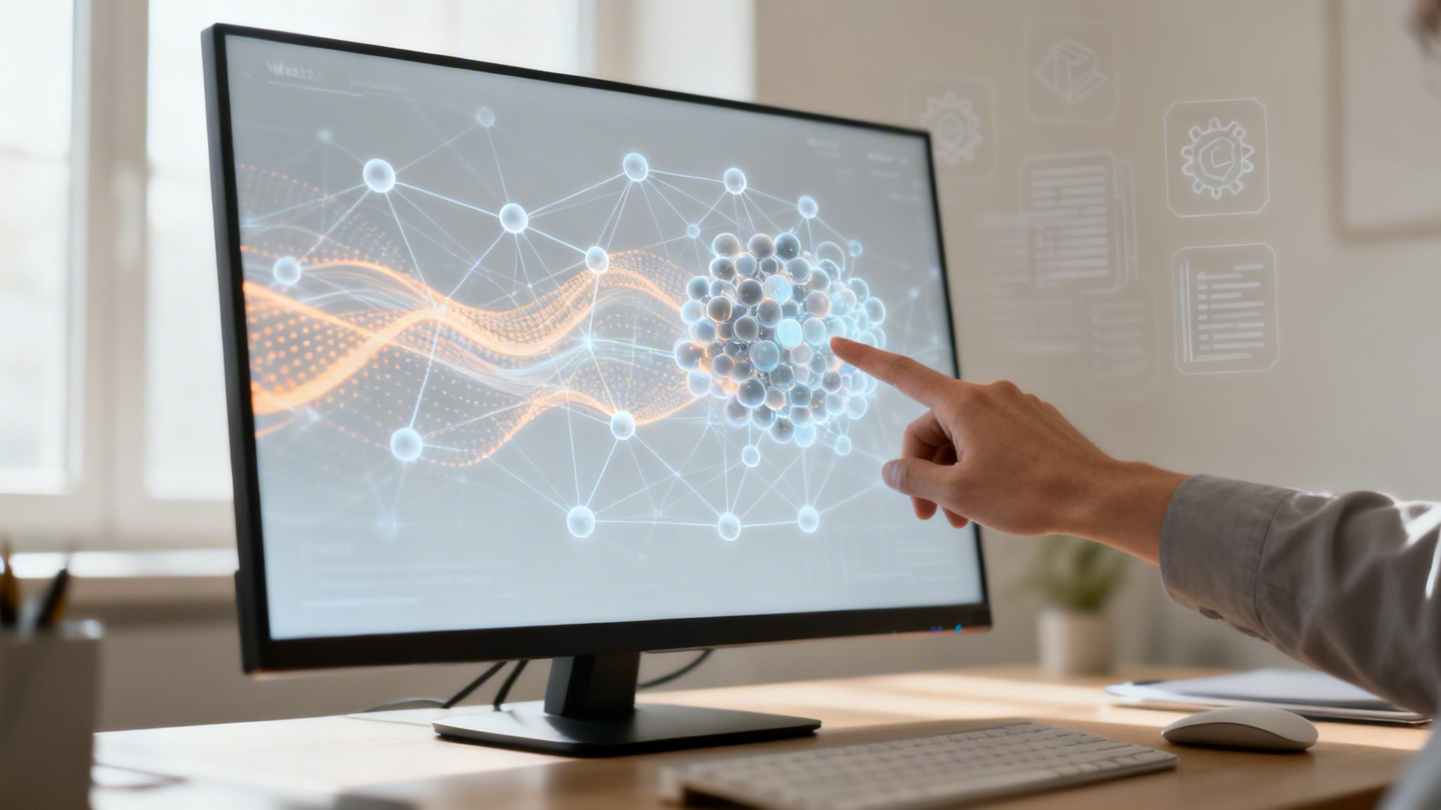 Person interacting with advanced data visualization on a monitor, representing pattern recognition.