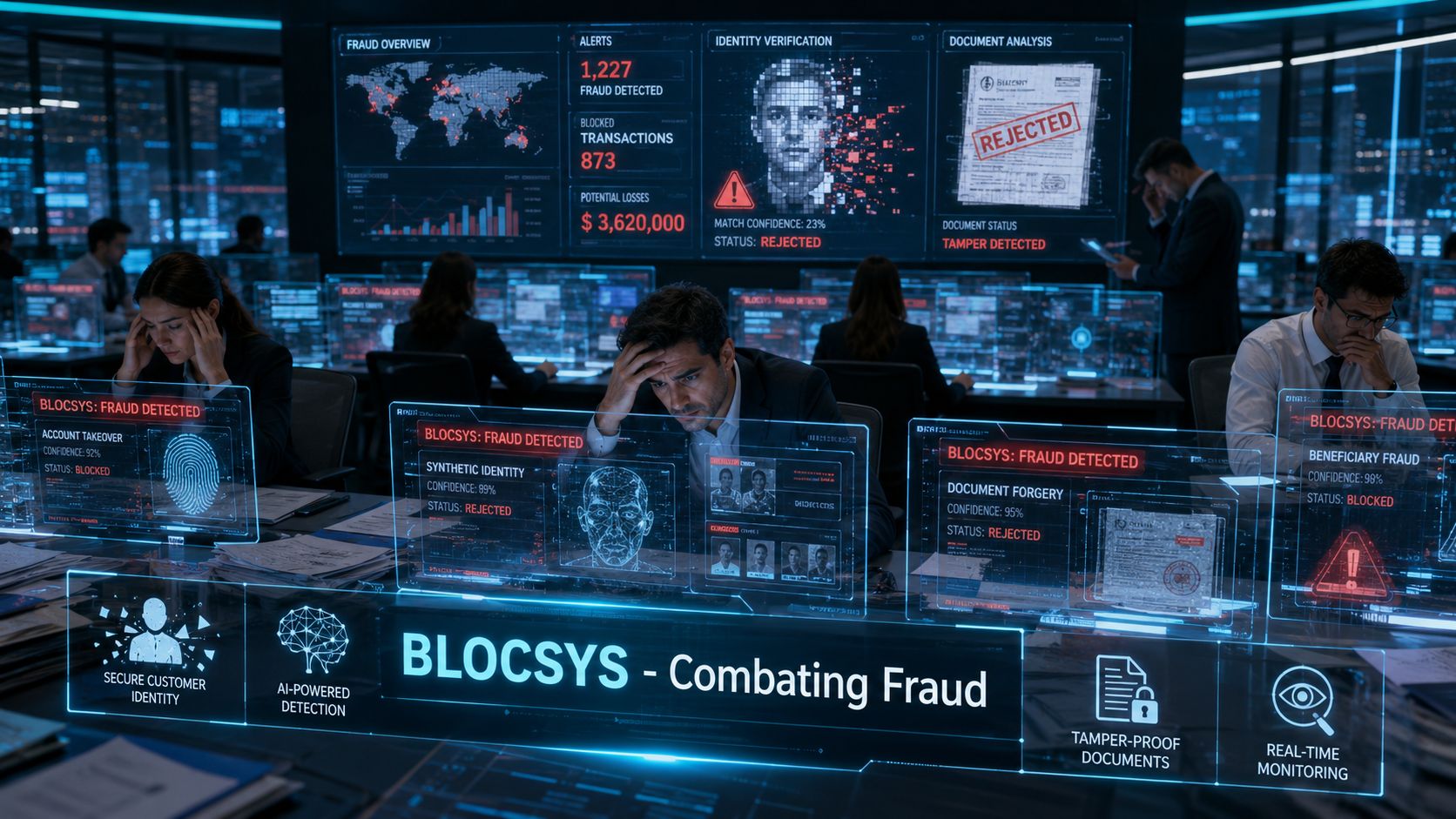 A cybersecurity team monitors digital fraud and identity theft in a high-tech financial control room environment.