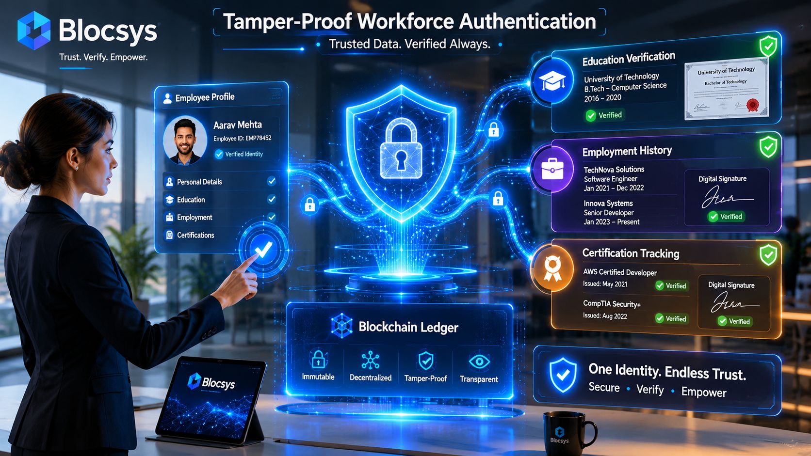 A professional woman interacting with a digital holographic interface showcasing blockchain-based workforce authentication and identity verification.