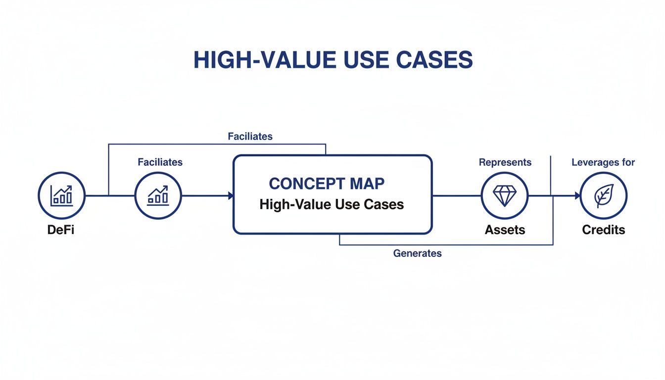 A concept map diagram illustrating high-value use cases, connecting DeFi, assets, and credits.