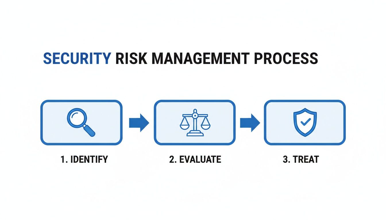 A diagram illustrating the security risk management process with three steps: identify, evaluate, and treat.
