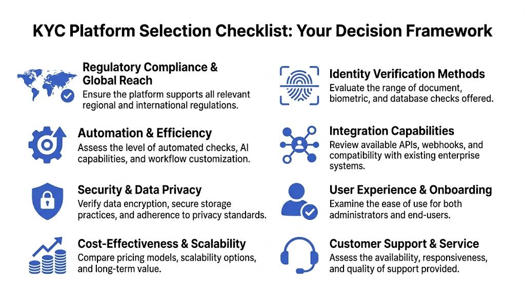 A comprehensive checklist for selecting a KYC platform, highlighting essential criteria like compliance, automation, security, and integration.