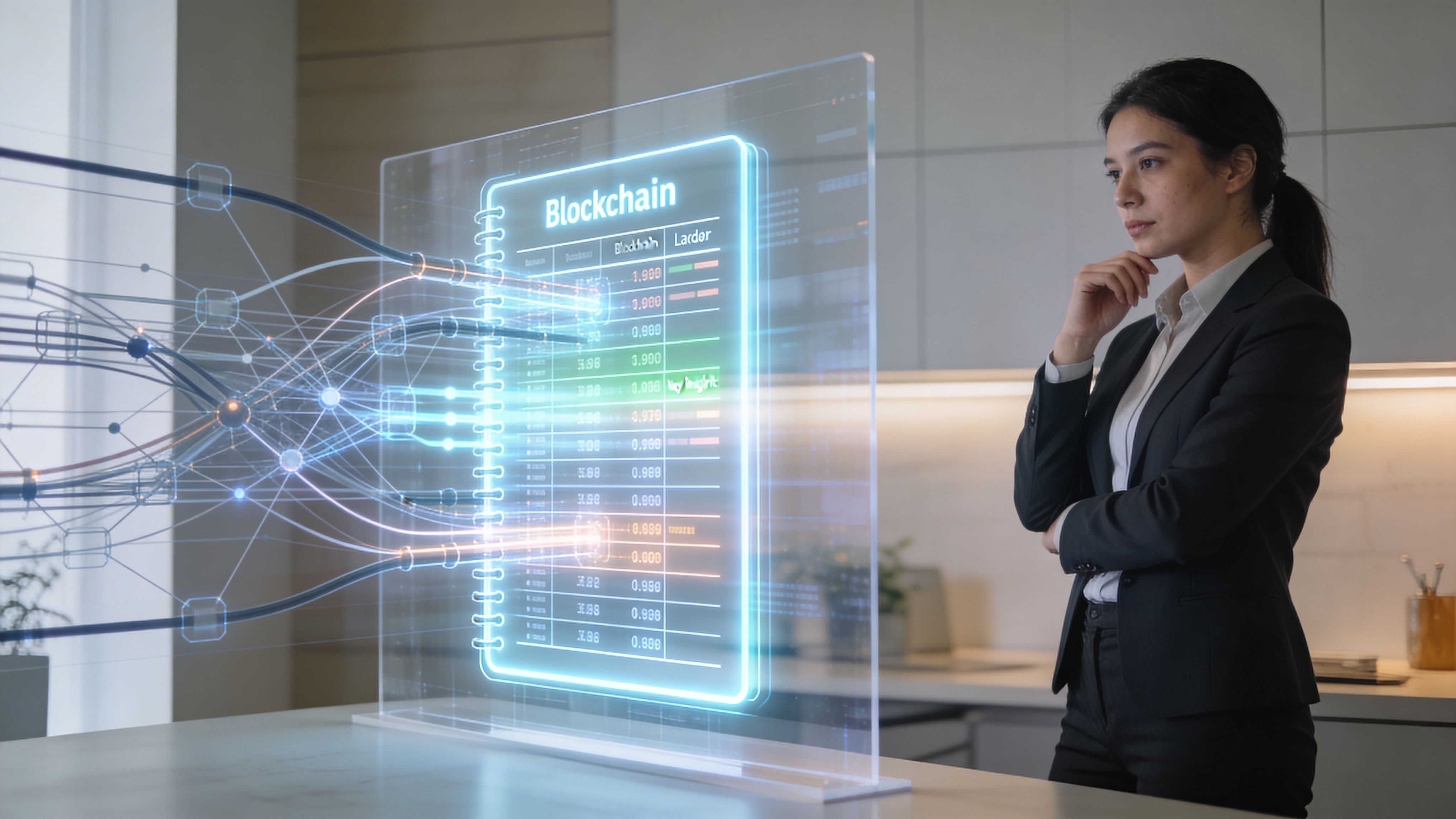 A businesswoman analyzing complex blockchain data displayed on a transparent holographic interface in a modern office setting.
