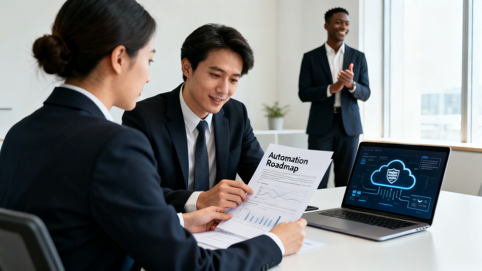 Business professionals discuss an automation roadmap with a laptop displaying a cloud security icon.