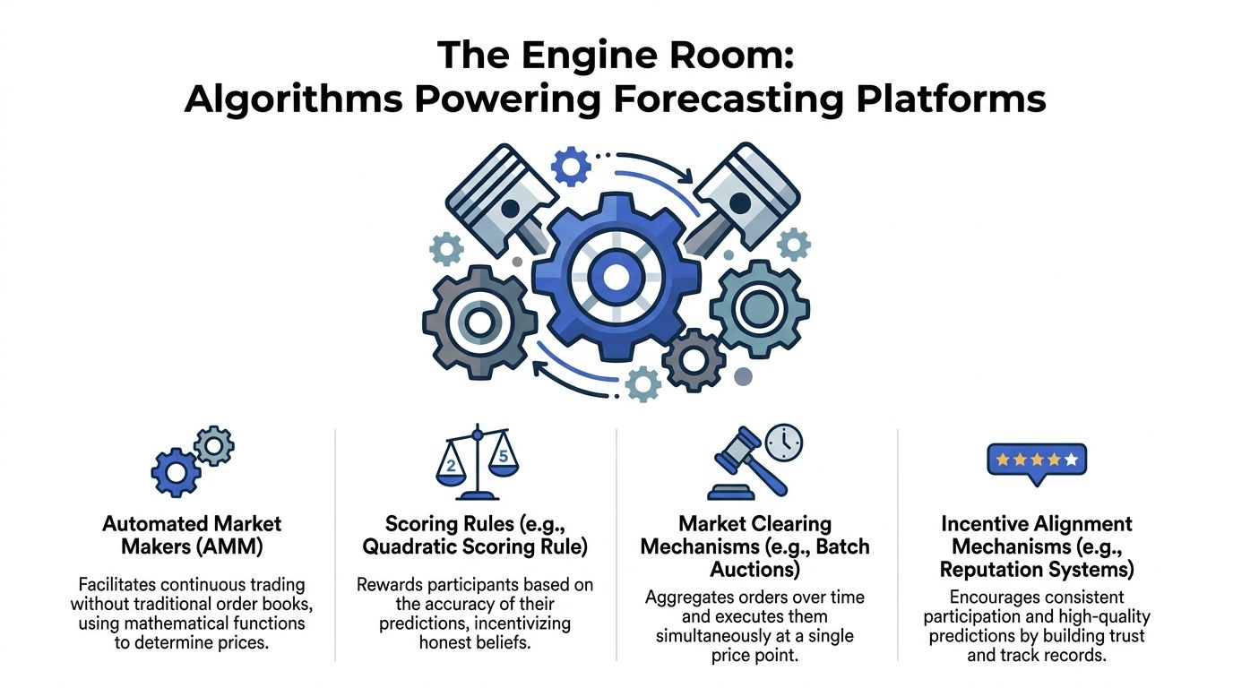 An infographic titled The Engine Room explaining four key algorithms used in modern forecasting platforms.