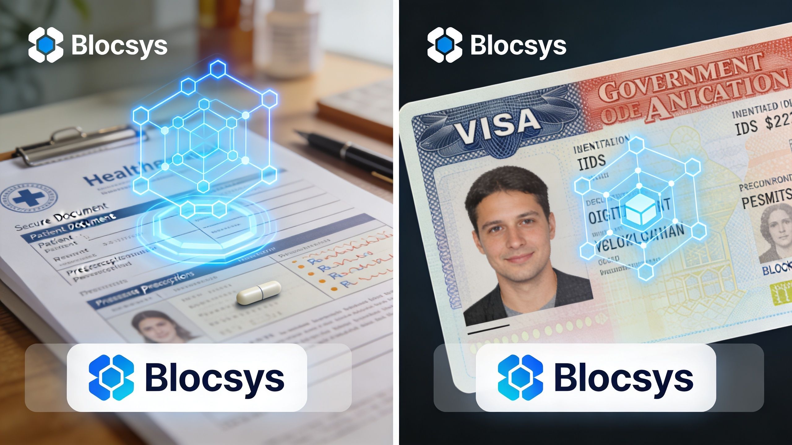 A split-screen comparison showing healthcare documents and a government ID secured with blockchain digital authentication technology.