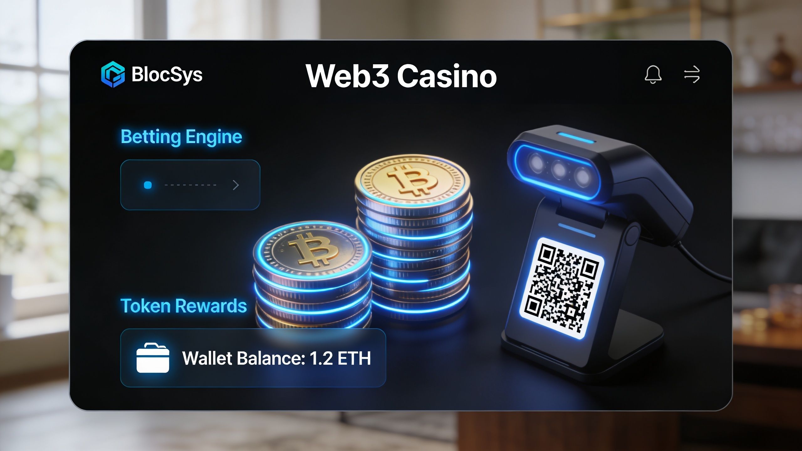 A digital interface for a Web3 casino featuring Bitcoin stacks, a QR code scanner, and cryptocurrency wallet balance.