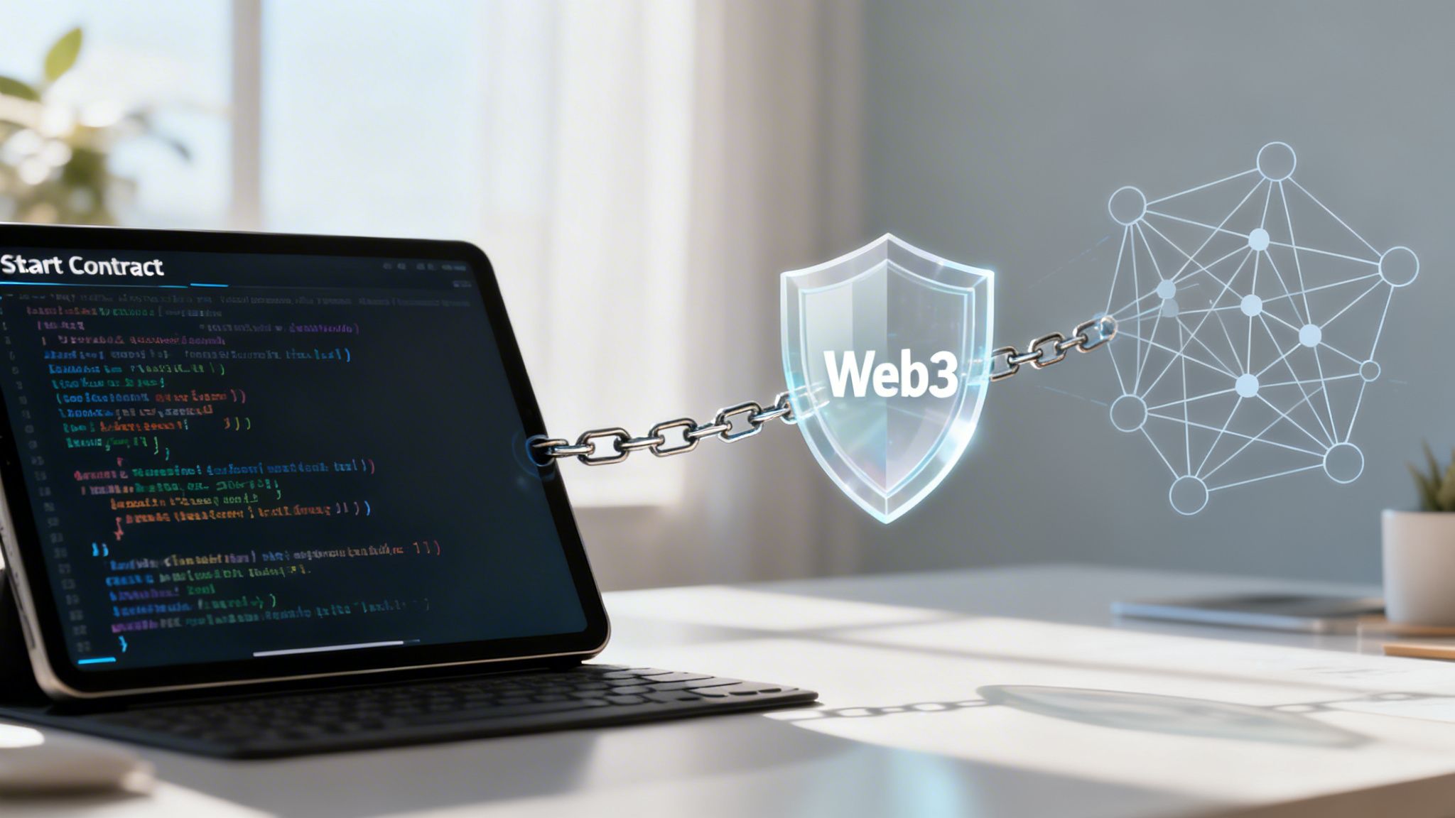 Digital chain links smart contract code on a tablet to a Web3 security shield and blockchain network.