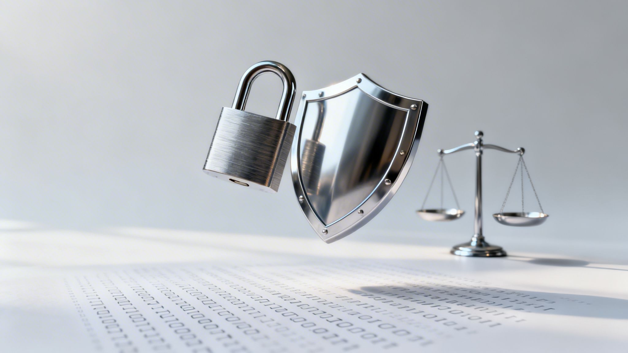 Padlock, shield, and justice scales above binary code representing data protection and legal compliance.