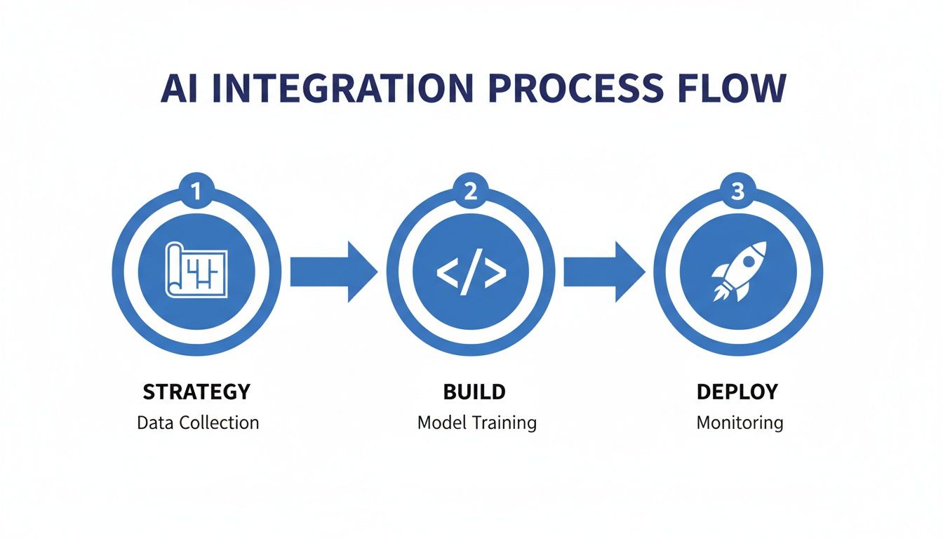 A diagram illustrating the three-step AI integration process flow: Strategy, Build, and Deploy.