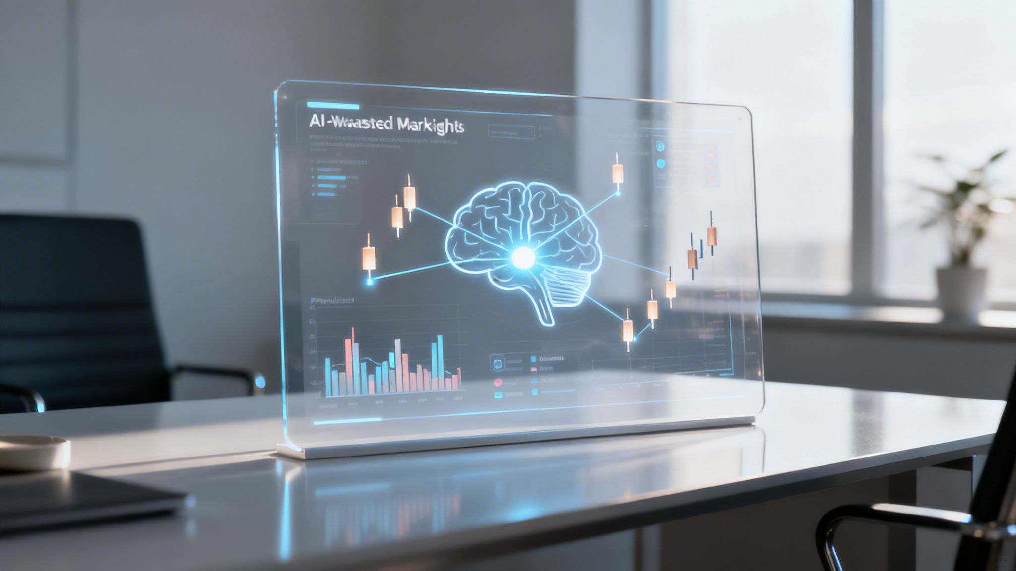 A futuristic transparent display shows AI-powered market insights with a glowing brain graphic.
