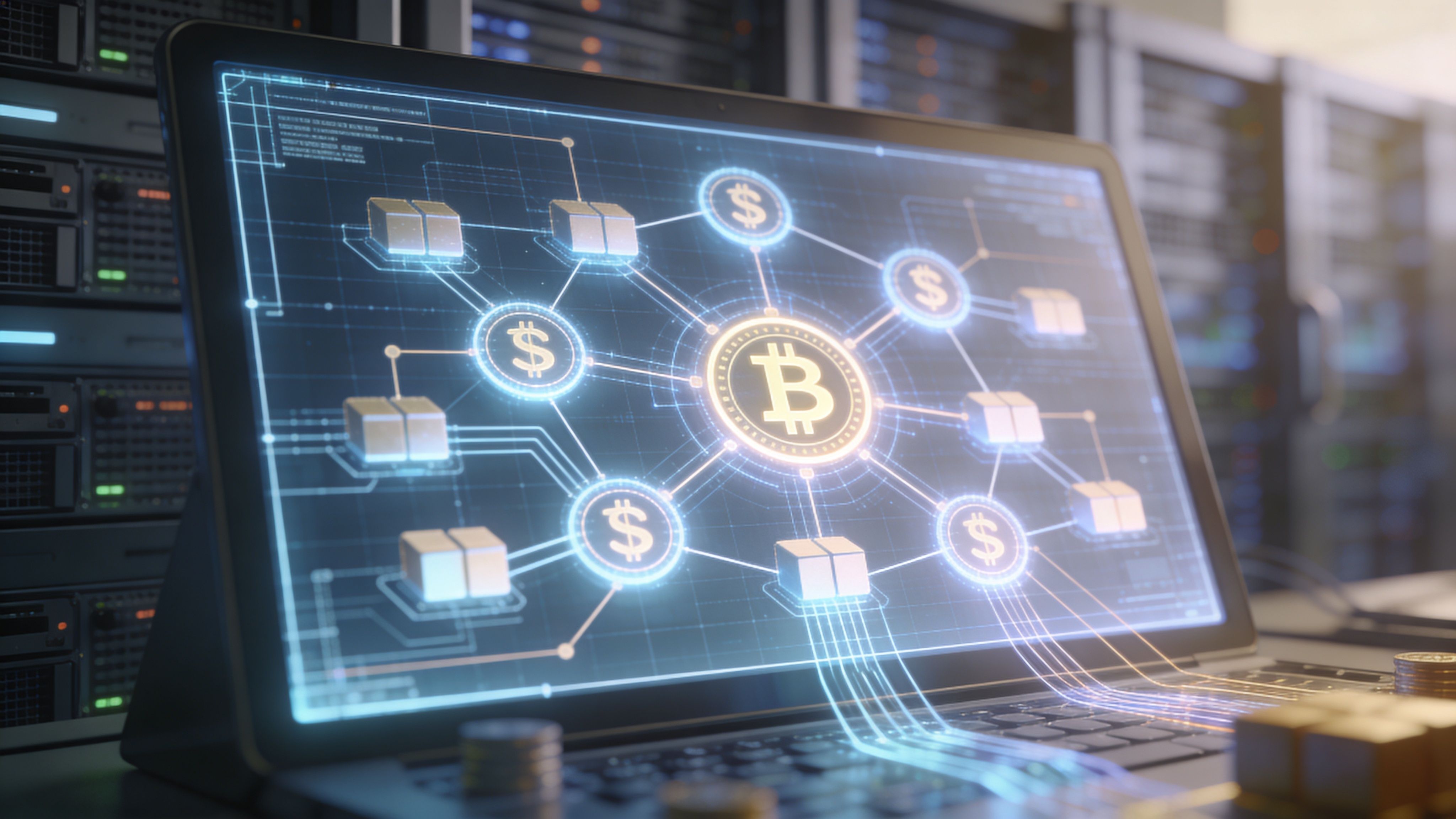 A digital screen displays a Bitcoin cryptocurrency network graphic inside a professional server room data center.