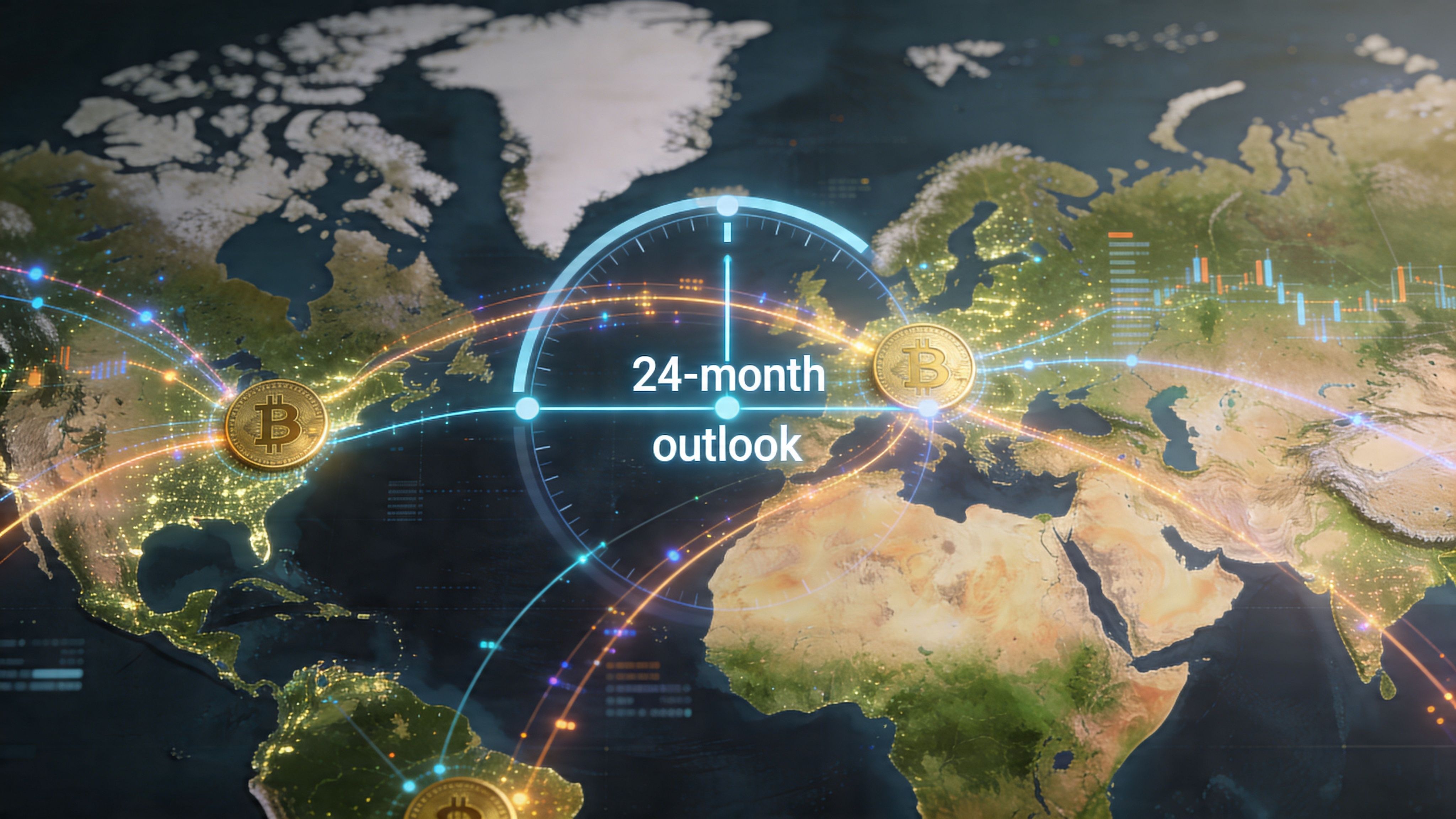 A conceptual digital illustration showing a global world map with Bitcoin icons connected by glowing data transmission lines.