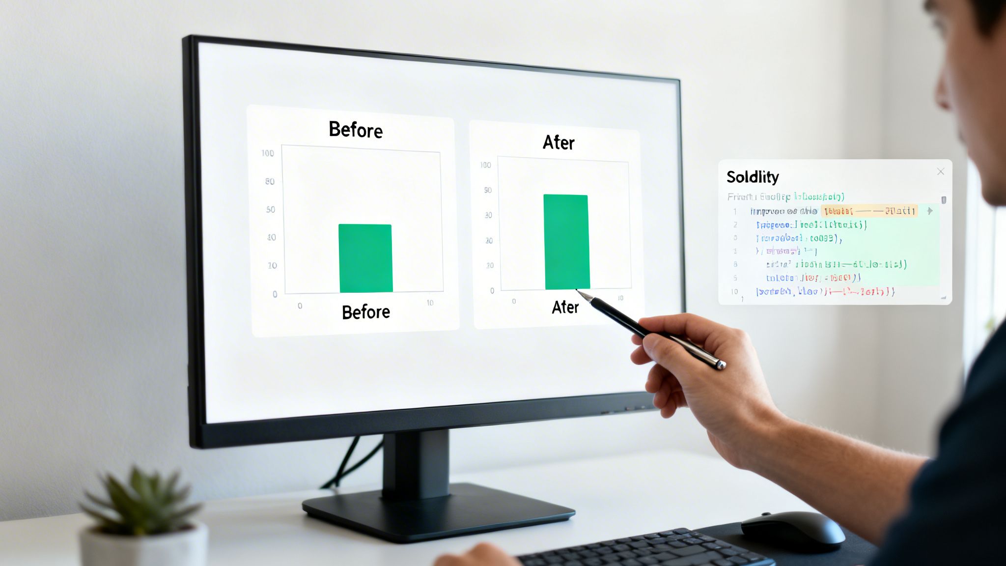 A person points at a computer screen showing 'Before' and 'After' charts and Solidity smart contract code.