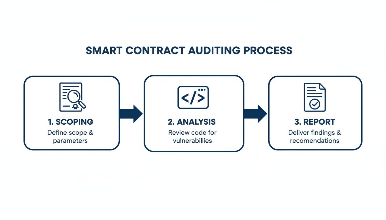 A clear flowchart illustrates the three-step smart contract auditing process: scoping, analysis, and report generation.