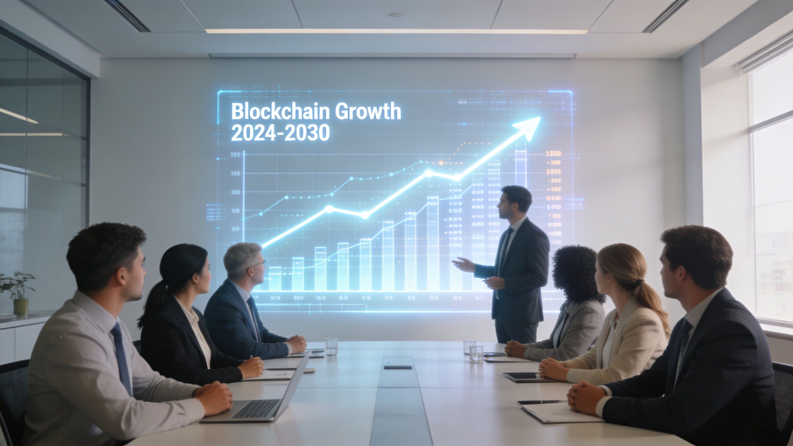A professional business team listening to a presenter discussing blockchain growth trends in a modern office meeting room.