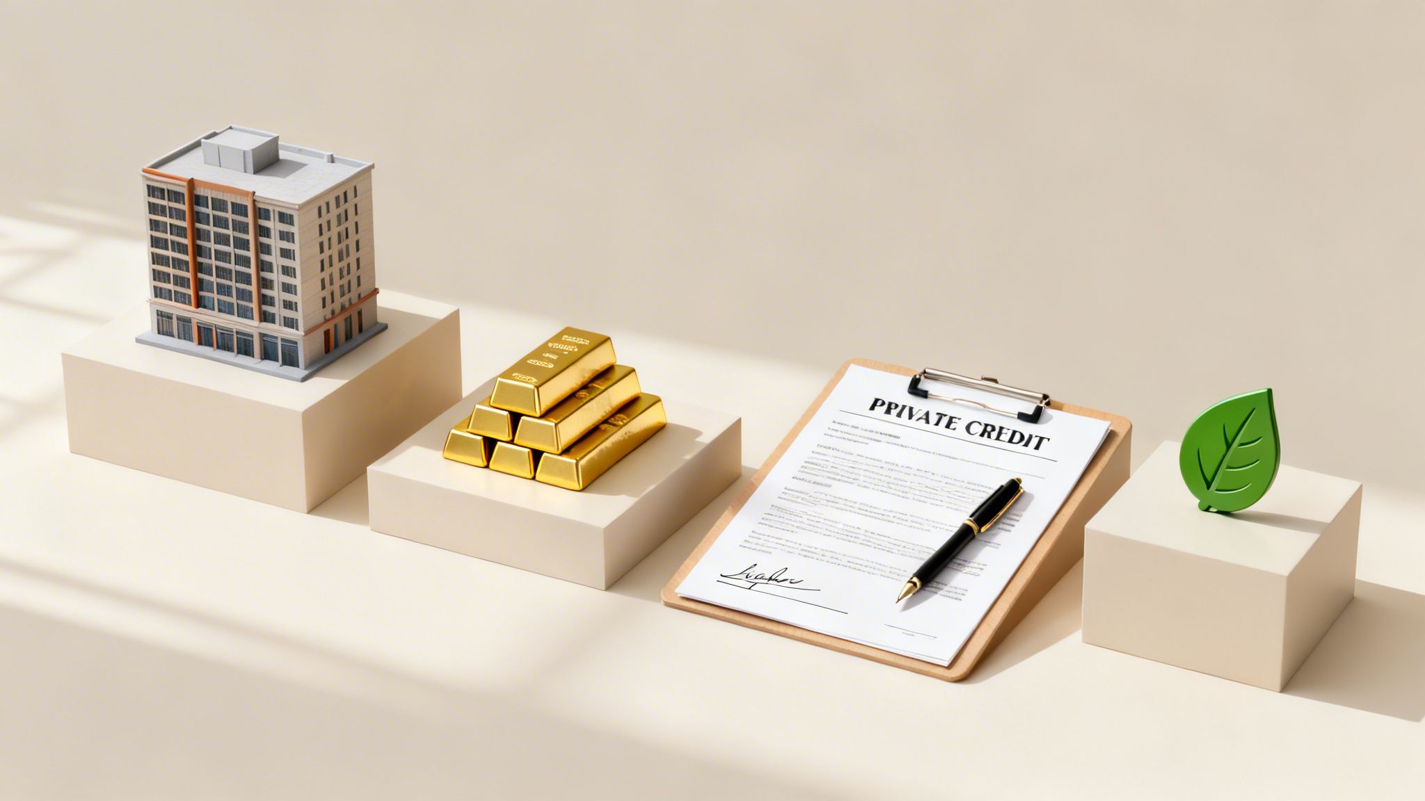 A line of pedestals showcasing a building, gold bars, private credit document, and a green leaf.