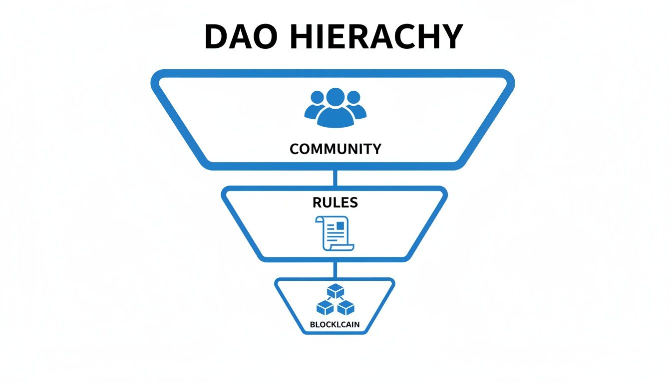 A blue funnel diagram illustrating the DAO hierarchy: Community, Rules, and Blockchain.