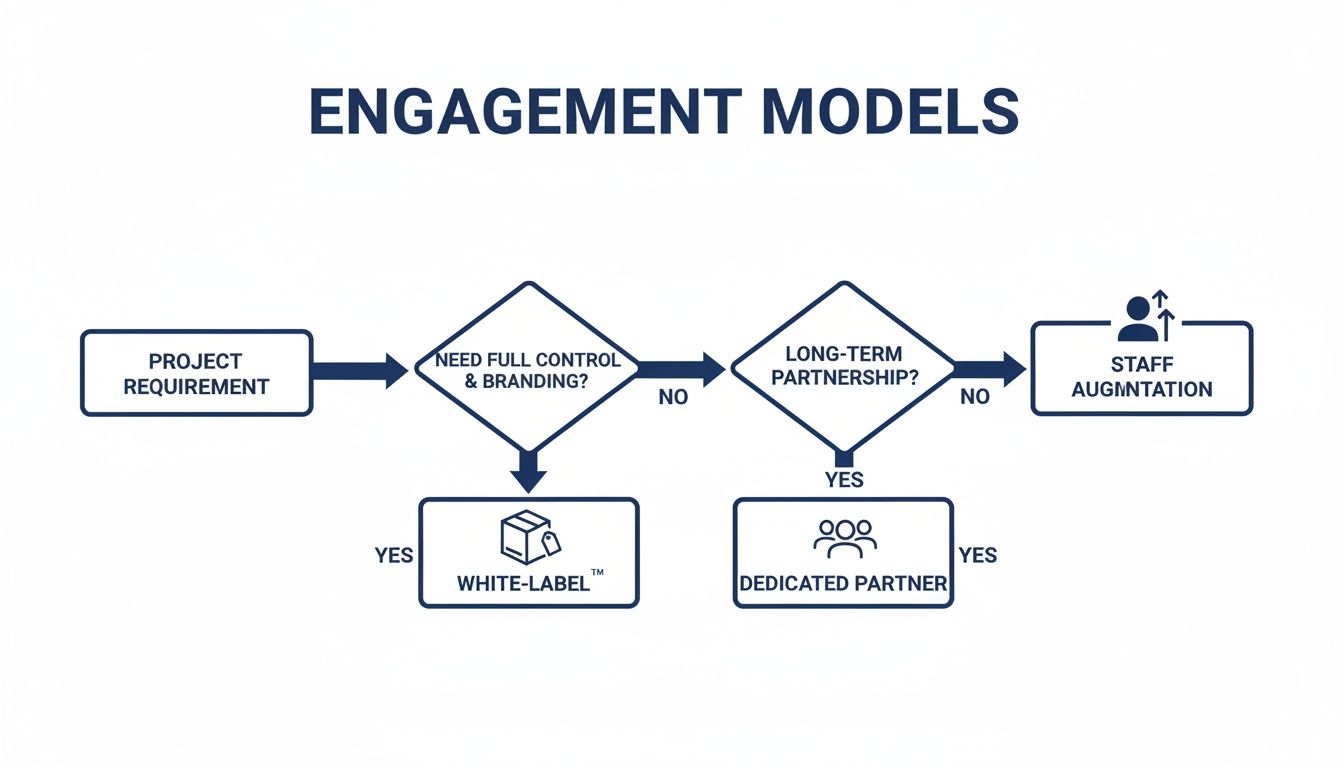 Flowchart illustrating engagement models: White-label, Dedicated Partner, and Staff Augmentation.