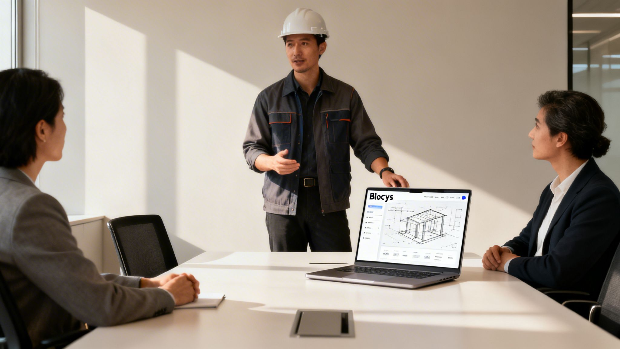 An engineer in a hard hat presents a building project on a laptop to two business professionals.