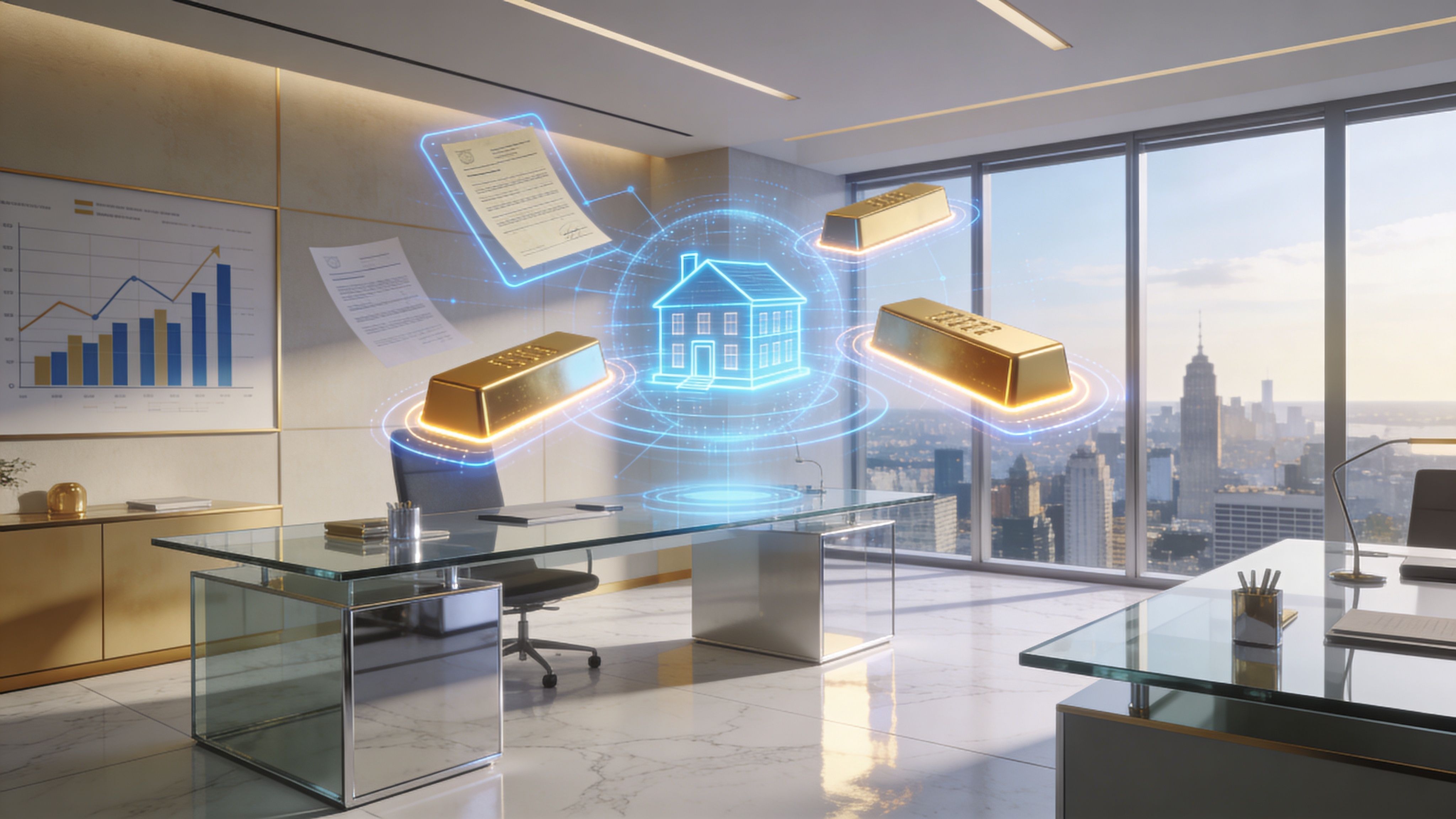 A luxurious office with a holographic projection of a house, gold bars, and legal documents floating.