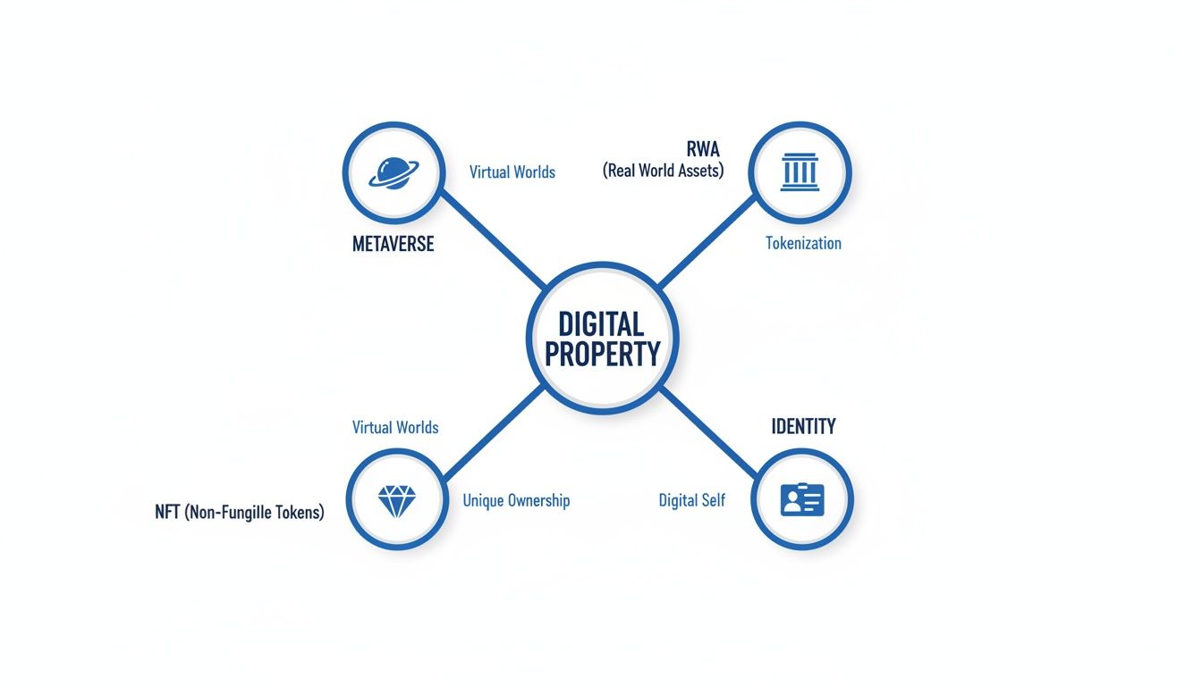 Diagram illustrating digital property concepts, including Metaverse, Real World Assets, NFTs, and Identity.