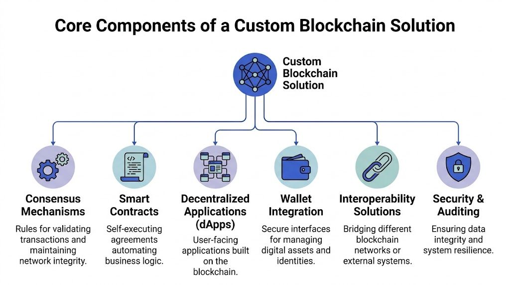 A diagram outlining the six core components of a custom blockchain solution including mechanisms, contracts, and security.