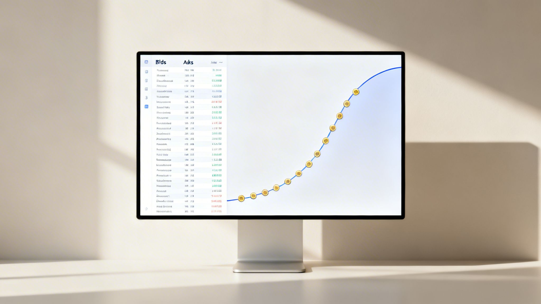 A computer monitor displays a financial data interface with bids, asks, and an upward trending line graph.