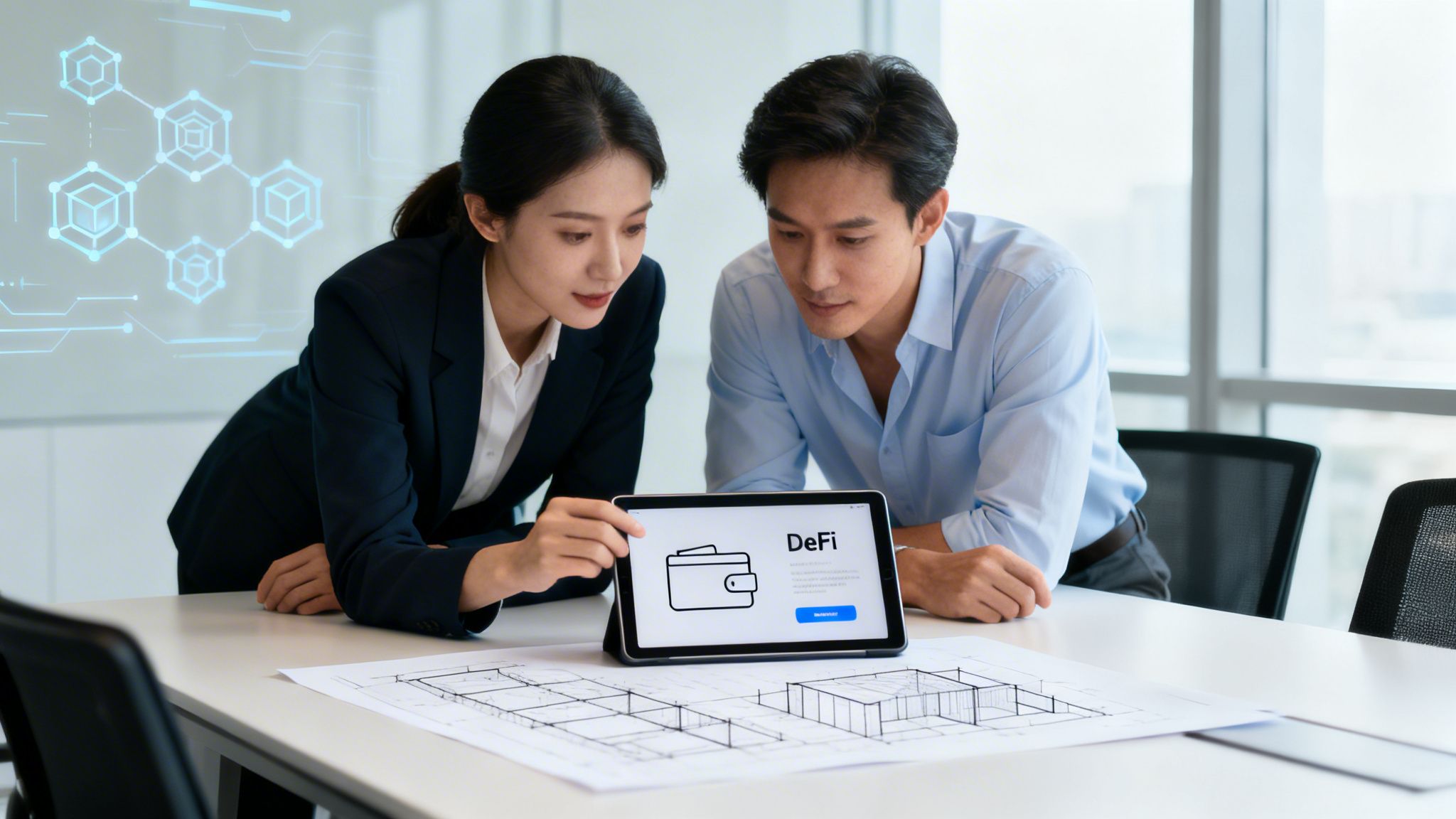 Two professionals discussing DeFi wallet development on a tablet, with blockchain graphics in the background.