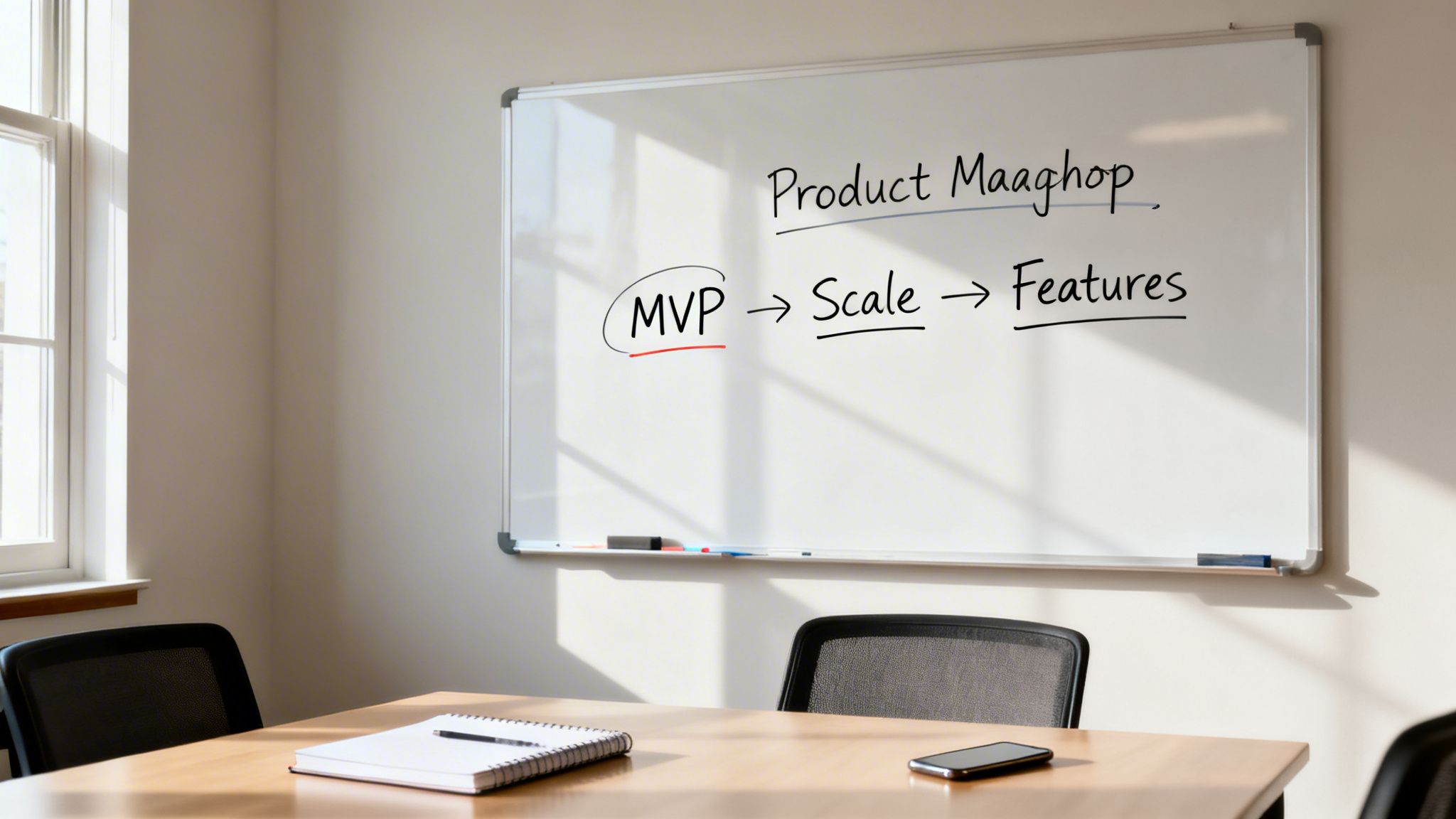 Whiteboard showing product development stages: MVP, Scale, Features in a modern office setting.