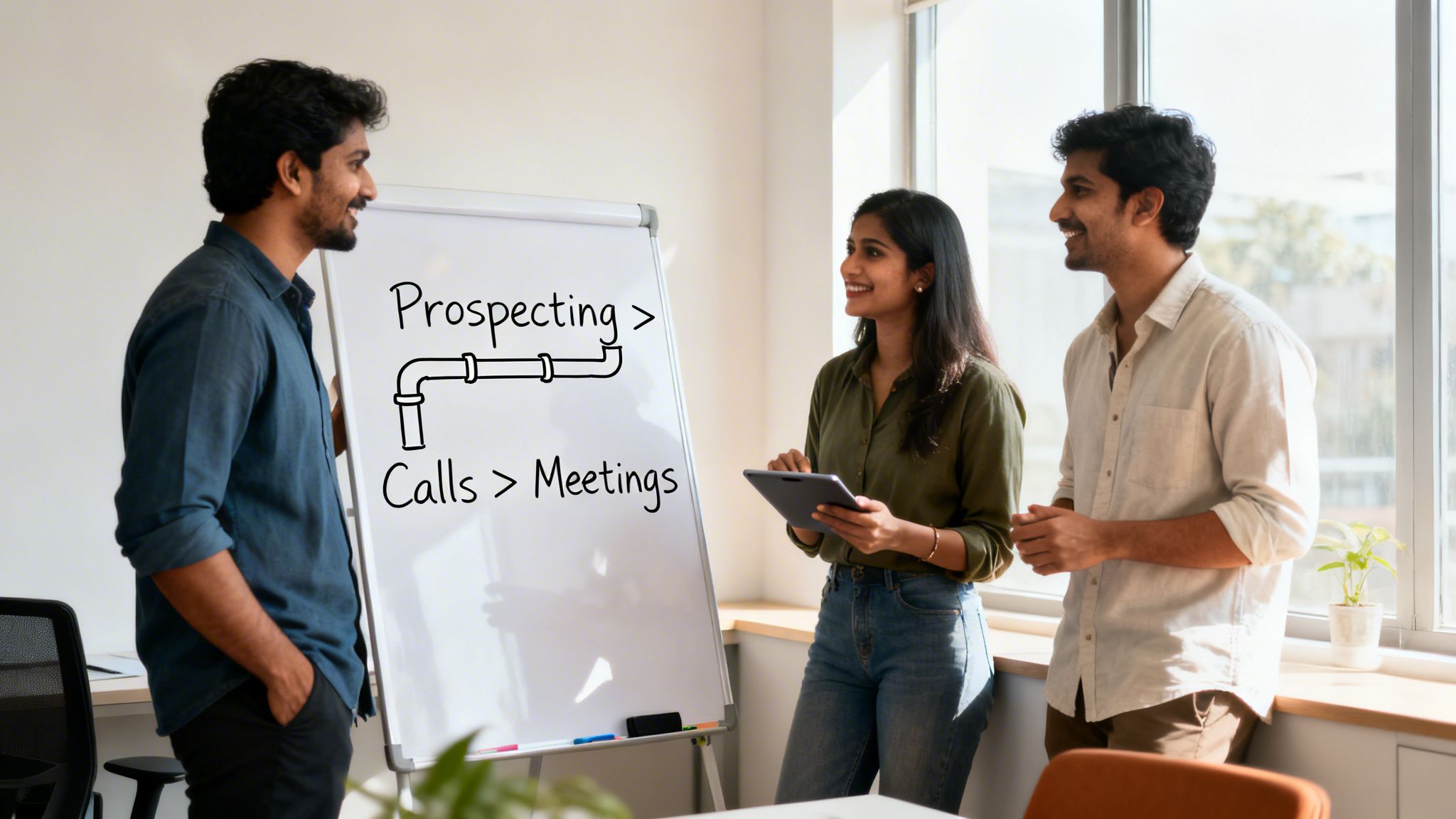 Three smiling professionals discussing sales strategy with a pipeline diagram on a whiteboard.