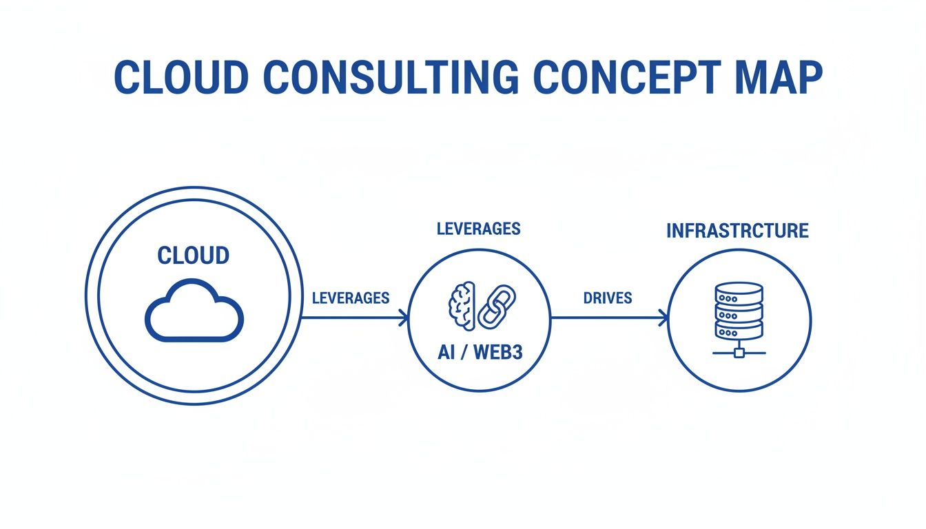 A concept map for cloud consulting, showing cloud leveraging AI/Web3 to drive infrastructure.