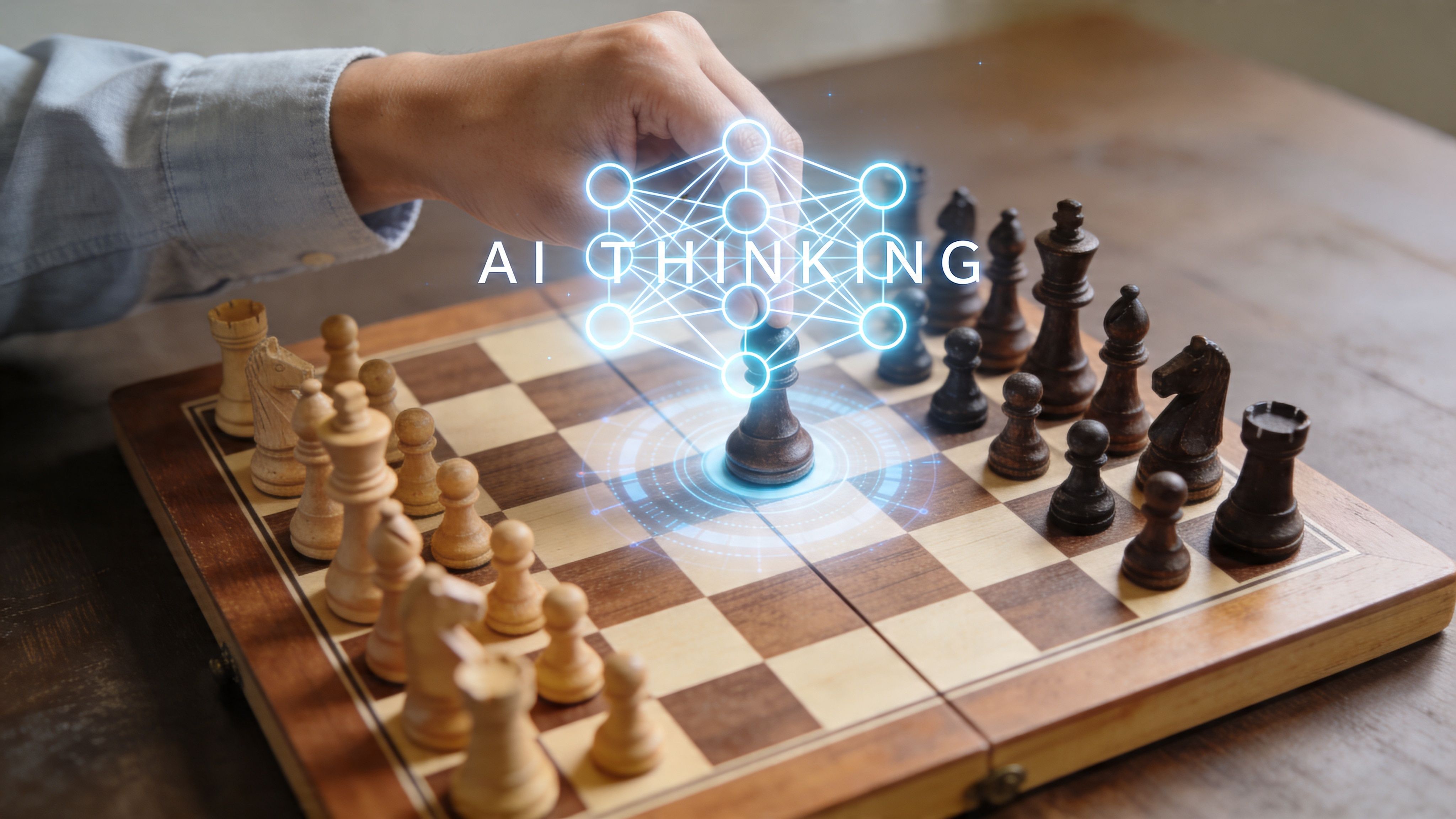 A person moves a black chess piece on a board with a glowing AI digital interface overlay.