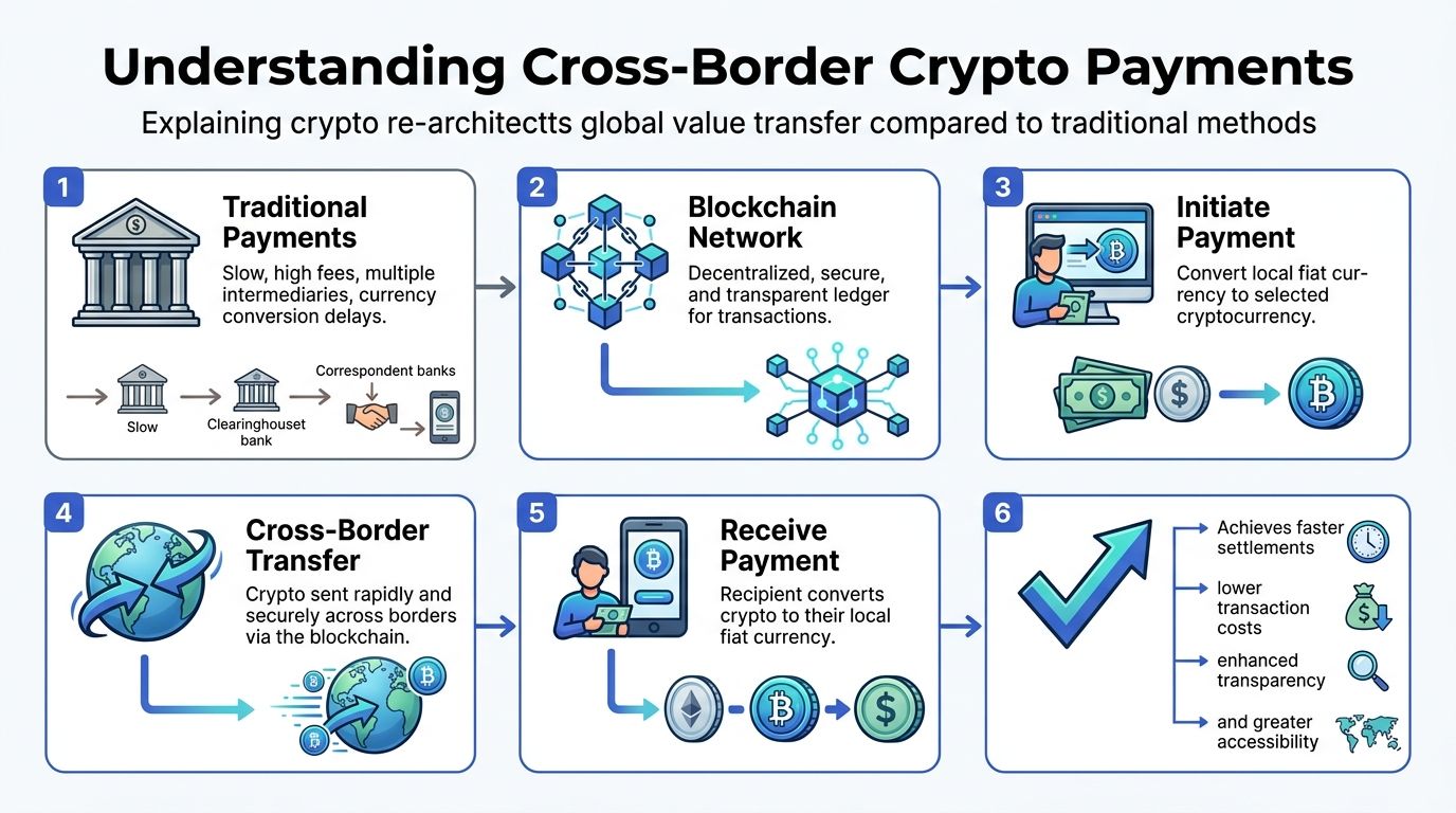 A flowchart explaining the process of cross-border crypto payments compared to traditional financial methods.