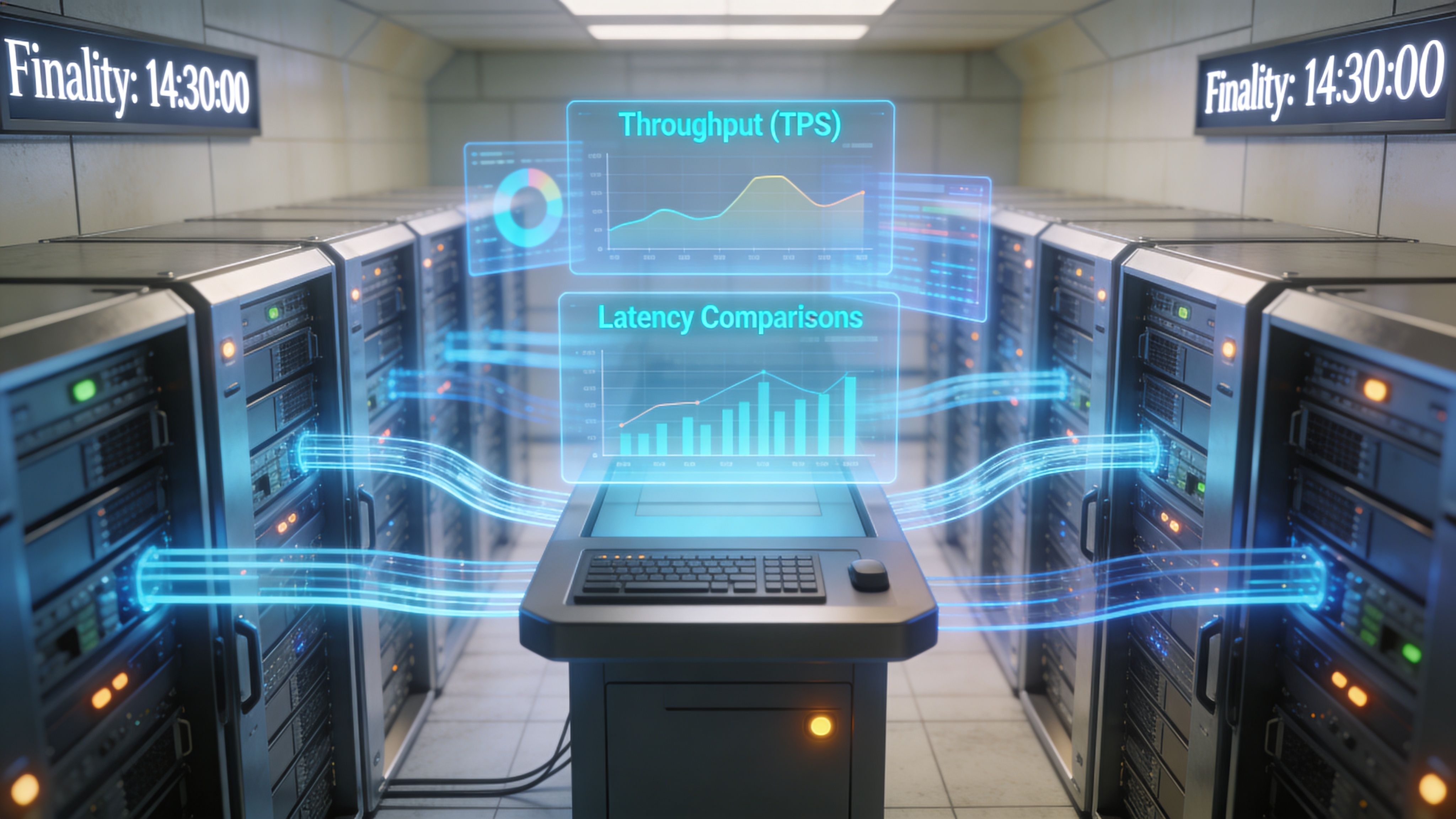 A server room visualization displaying holographic charts comparing blockchain throughput and latency in a data center.