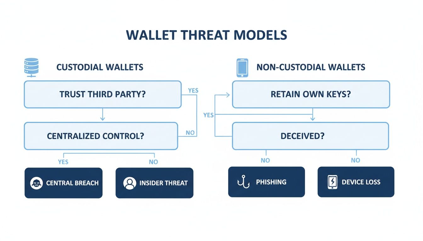 Flowchart illustrating wallet threat models for custodial and non-custodial digital wallets, detailing risks.