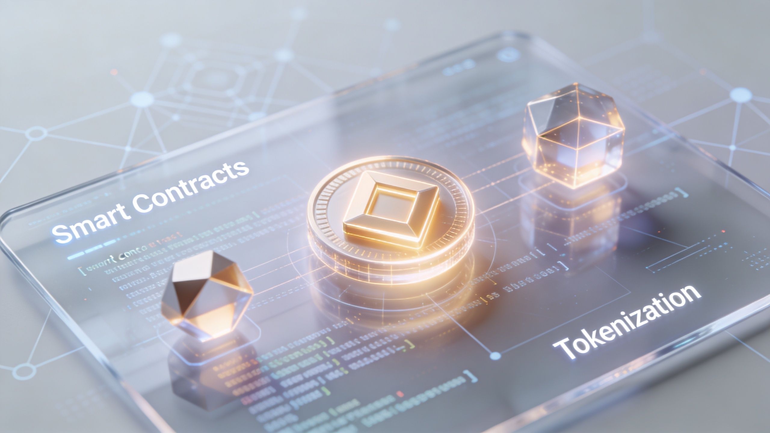 A 3D visualization showing blockchain technology with smart contracts, tokenization labels, and glowing digital geometric shapes.