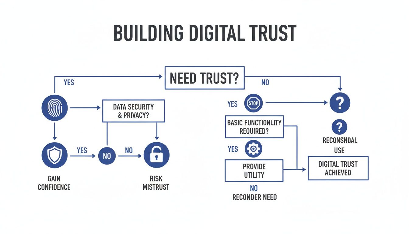 A flowchart mapping the process of building digital trust, including security, privacy, and utility.