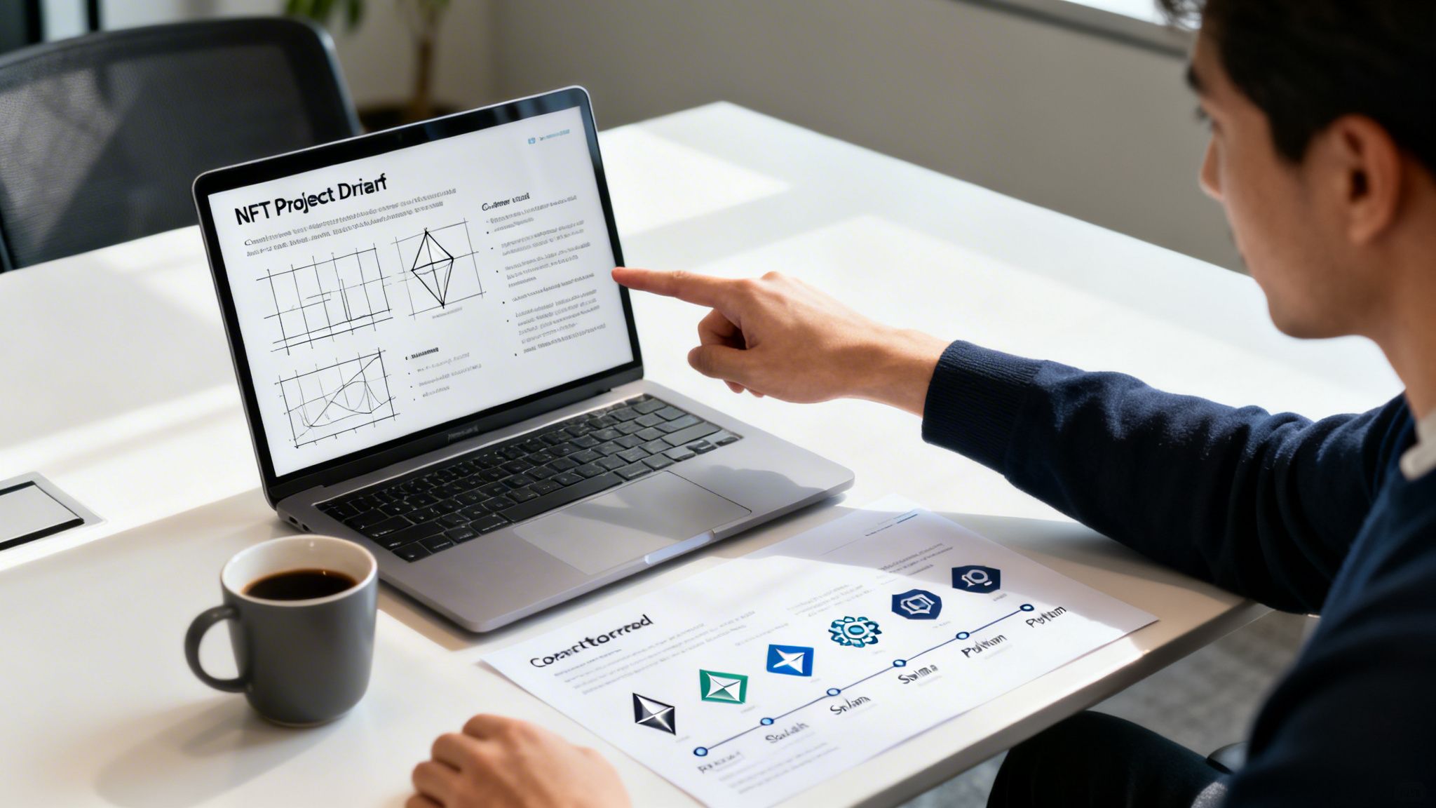 A person points at a laptop screen displaying an NFT project plan and charts, with coffee and documents on the desk.