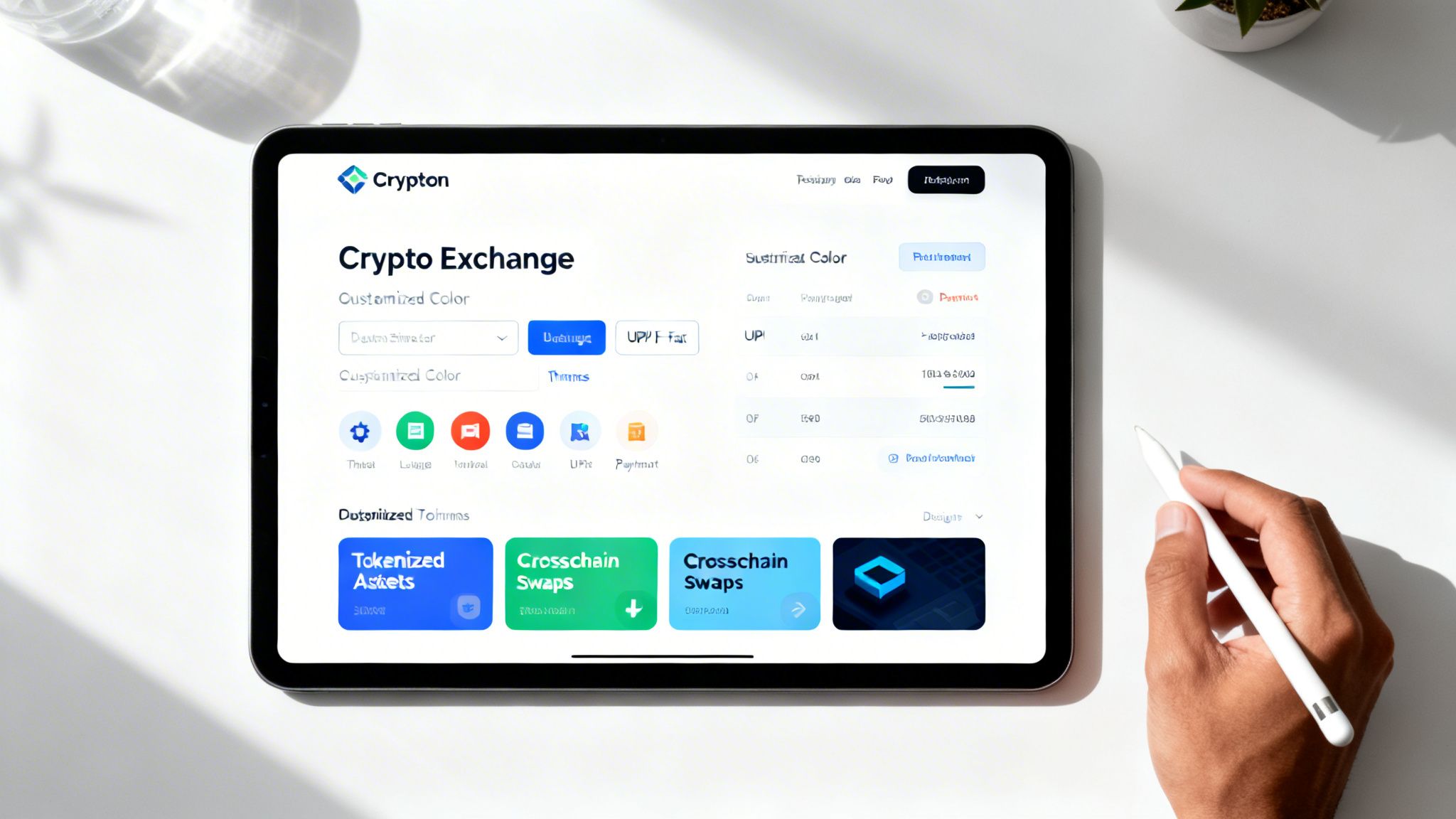 A tablet displays a 'Crypton Crypto Exchange' interface with options for tokenized assets and crosschain swaps, next to a hand holding a stylus.