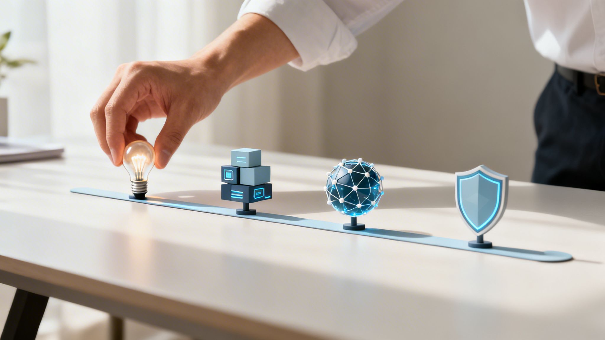 A hand places a lightbulb onto a timeline, representing the journey from idea to secure digital implementation.