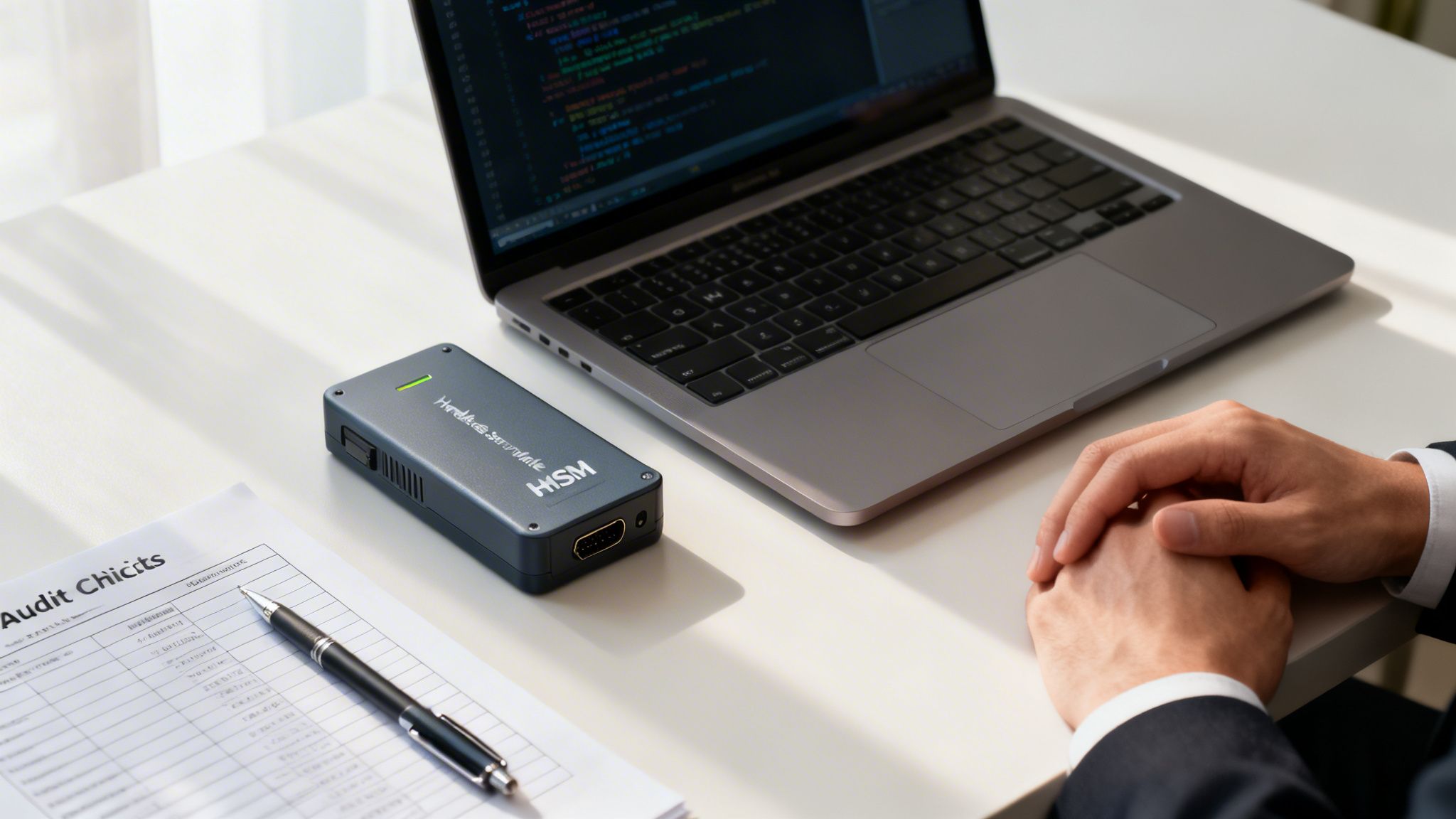 A man's hands on a white desk next to a laptop, an HSM device, and a document with a pen.