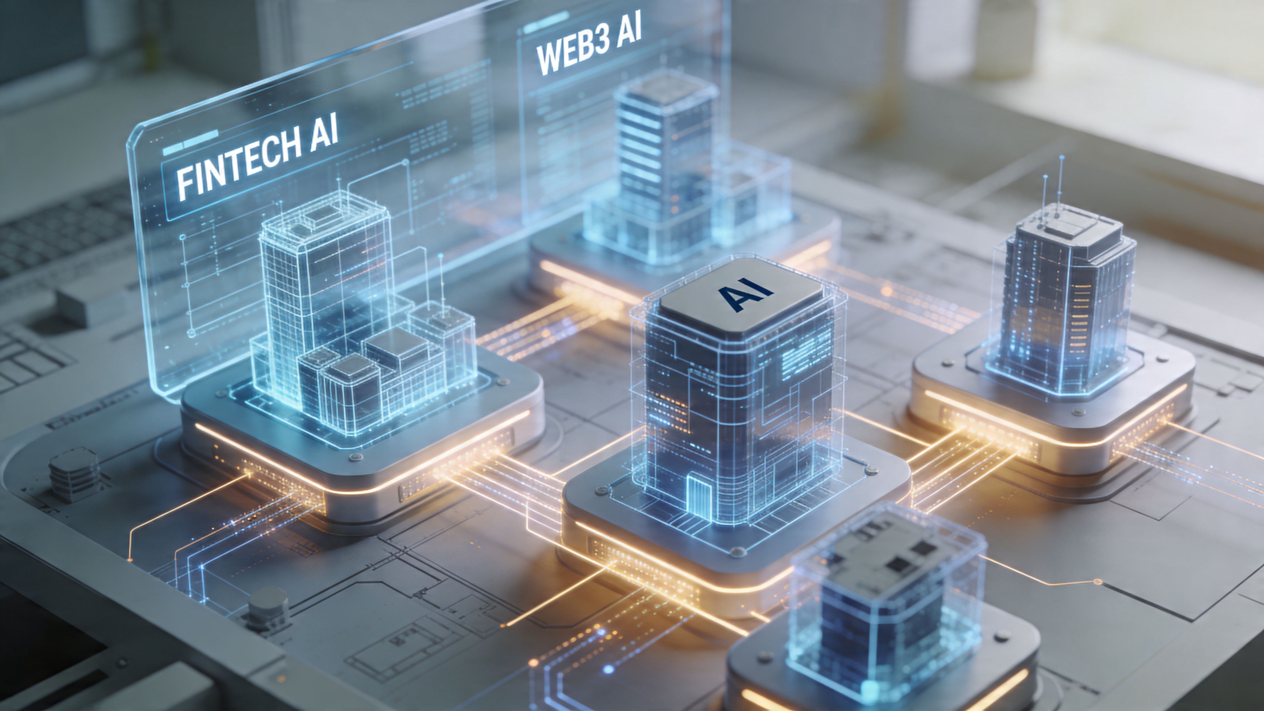 A futuristic digital representation of interconnected smart city buildings representing FinTech and Web3 artificial intelligence technologies.