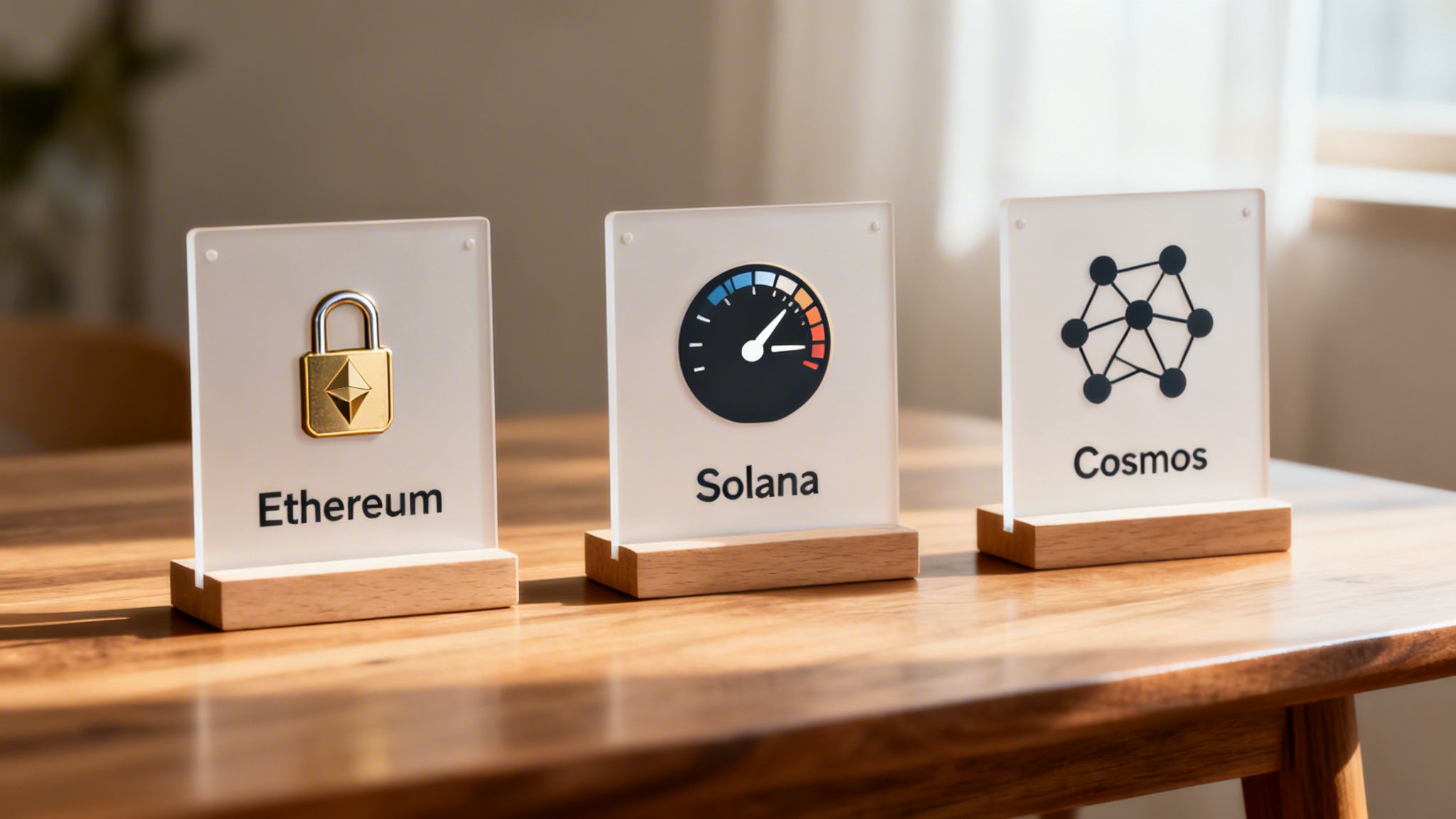 Three crypto displays: Ethereum (padlock), Solana (speedometer), and Cosmos (network), on a wooden table.