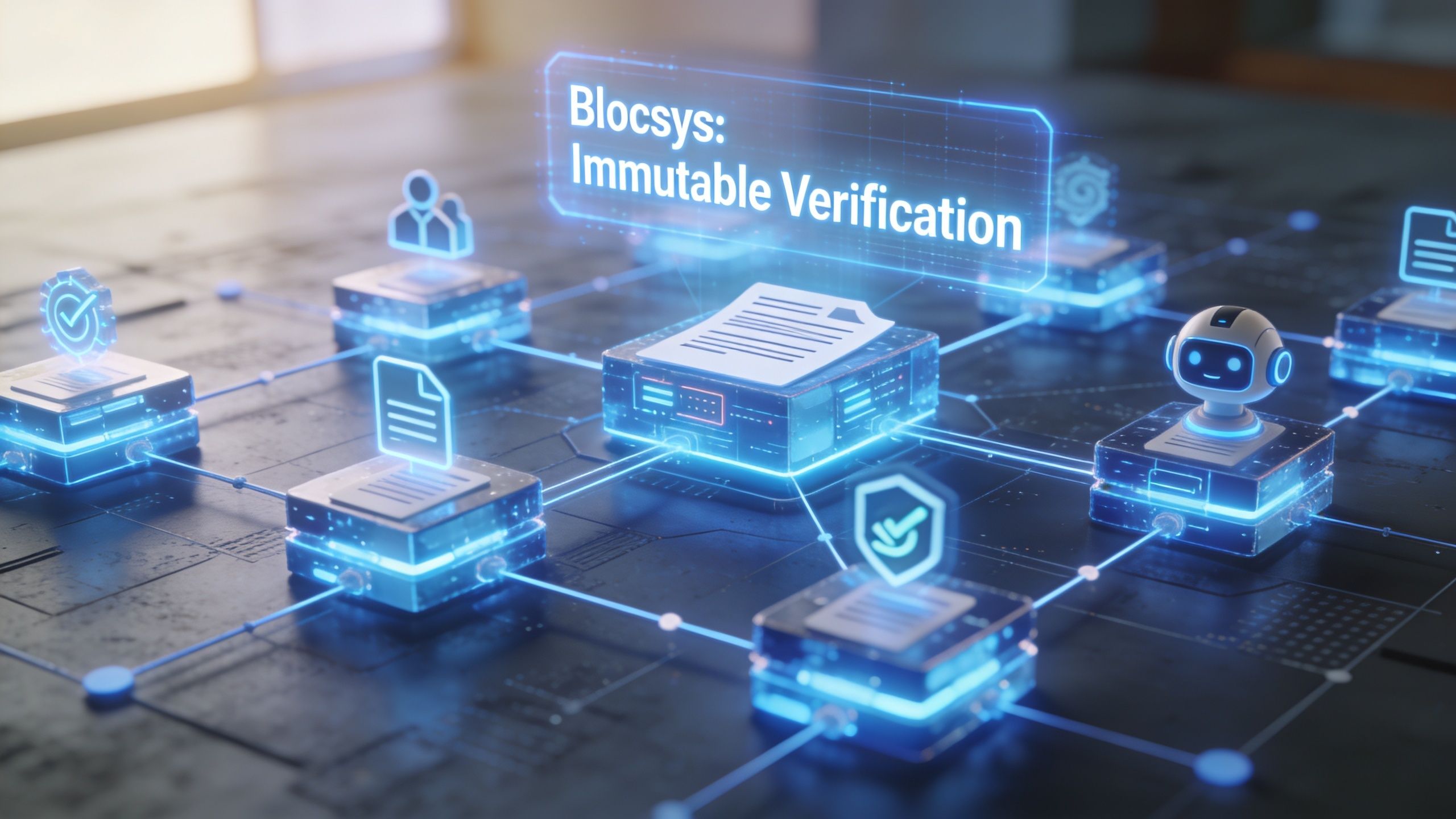 A digital representation of blockchain technology showing interconnected blocks representing immutable document verification systems and data integrity.