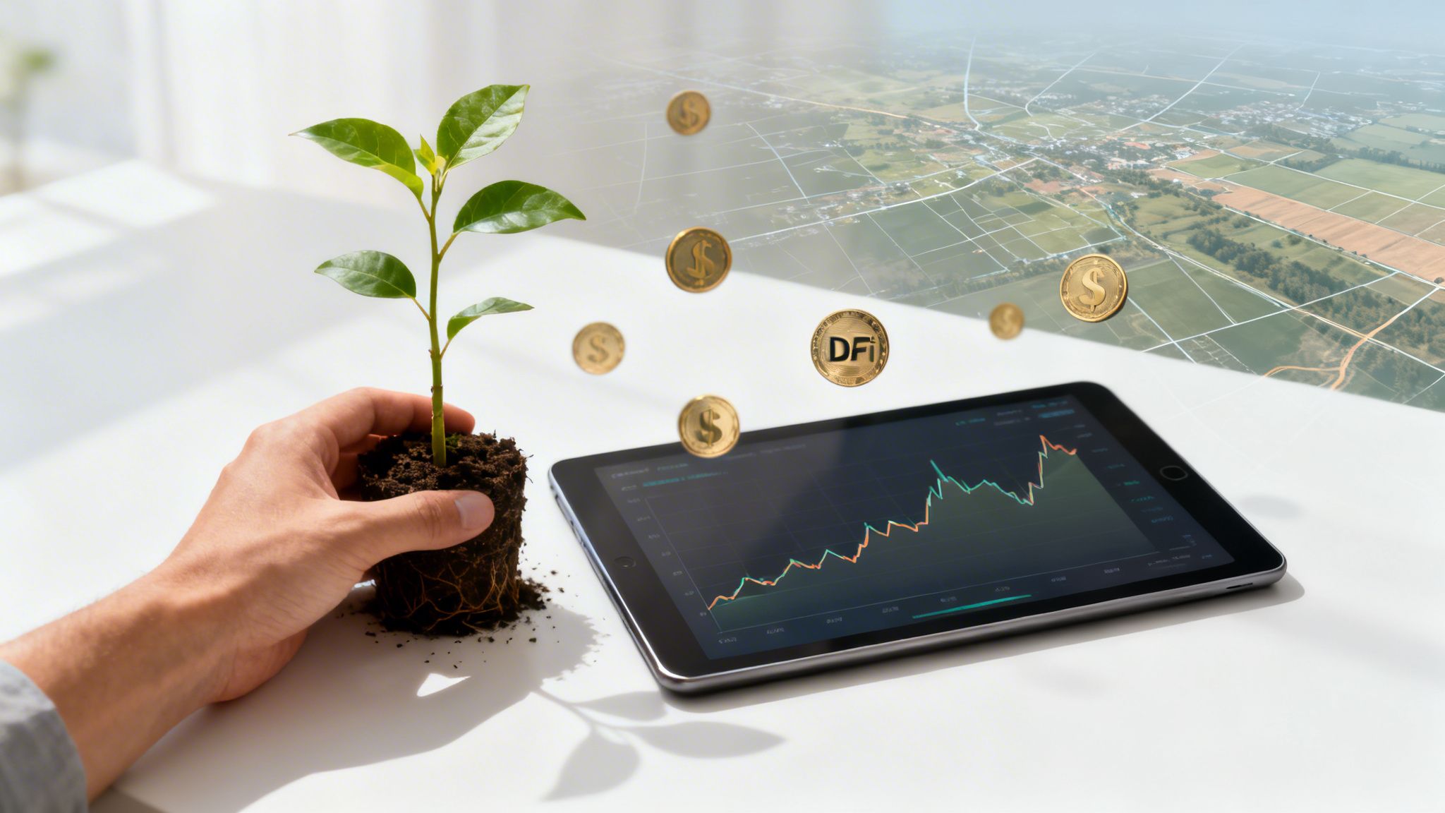 Hand holding a growing plant next to a tablet showing a rising stock graph with floating coins and an aerial view of farmland.