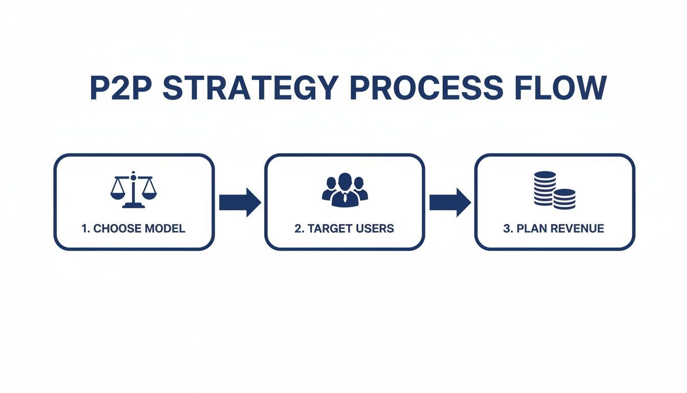 P2P strategy process flow diagram showing three steps: choose model, target users, and plan revenue.