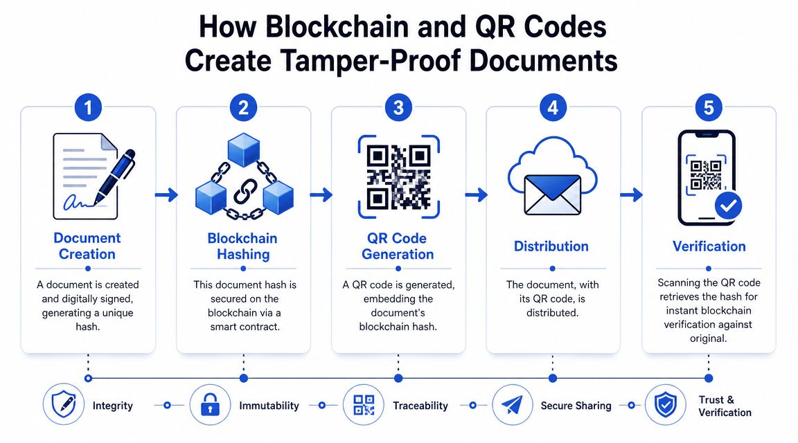 A diagram explaining the five-step process of using blockchain and QR codes for secure document verification.